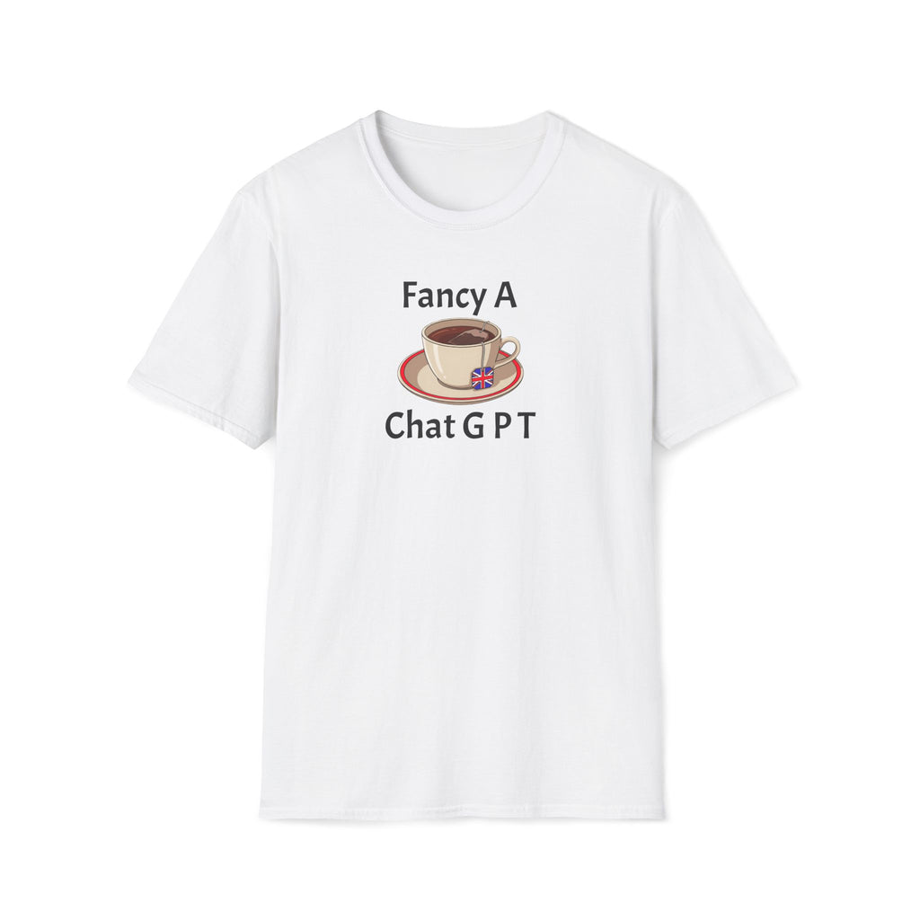 White t-shirt with a graphic of a coffee cup and saucer on a white background with text "fancy a chat gpt"