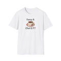 White t-shirt with a graphic of a coffee cup and saucer on a white background with text "fancy a chat gpt"