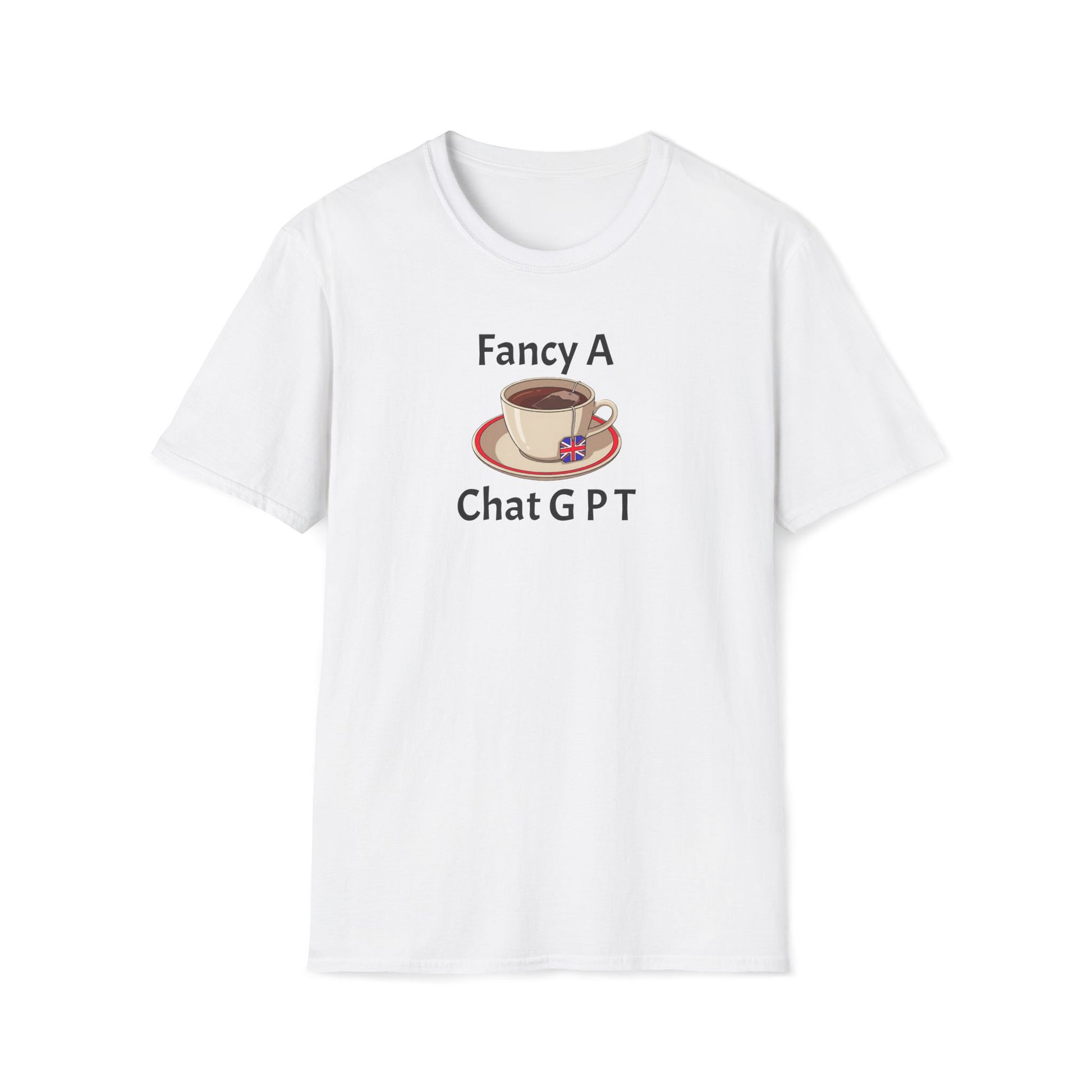White t-shirt with a graphic of a coffee cup and saucer on a white background with text "fancy a chat gpt"