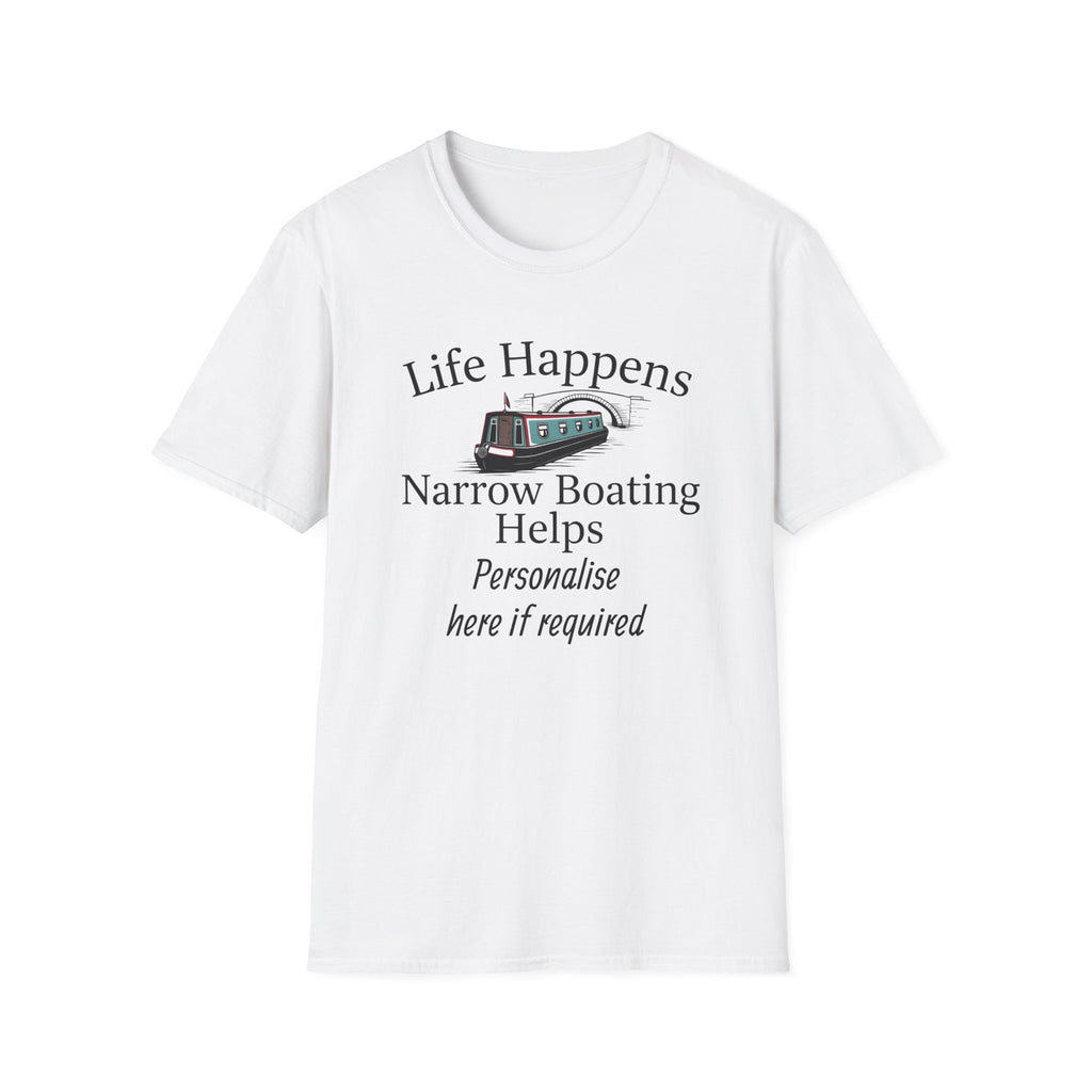 Life Happens Narrow Boating Helps T-Shirt | Personalised Option Narrowboat Canal Boat Gift 