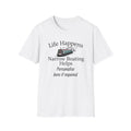 Life Happens Narrow Boating Helps T-Shirt | Personalised Option Narrowboat Canal Boat Gift 