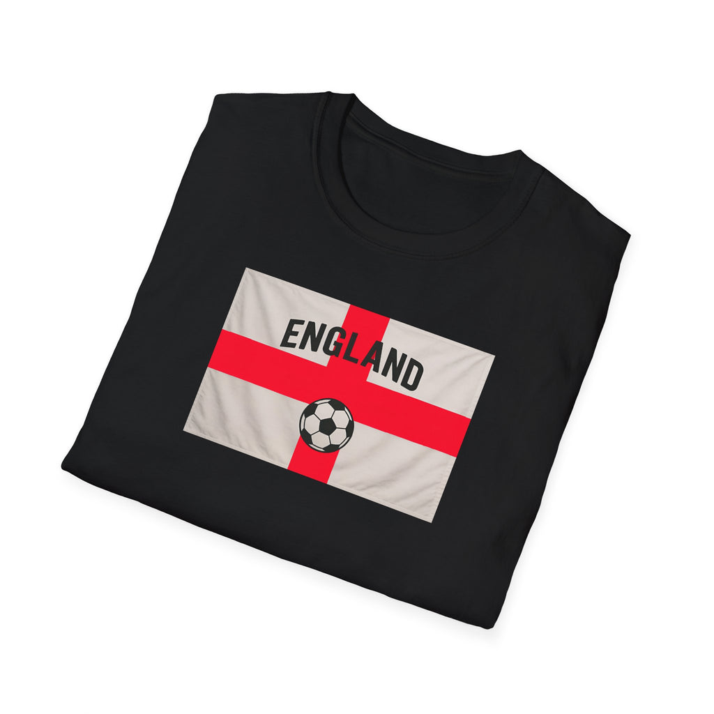 folded Black t-shirt with England flag and soccer ball design on a white background