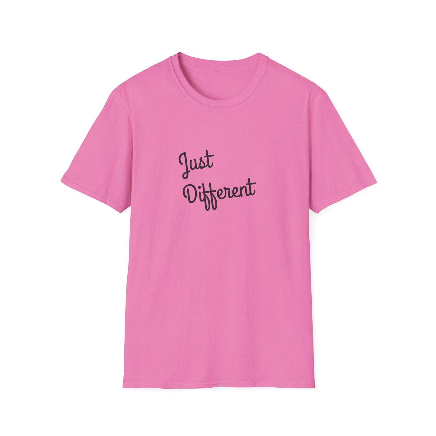 Pink t-shirt with 'Just Different' text on a white background