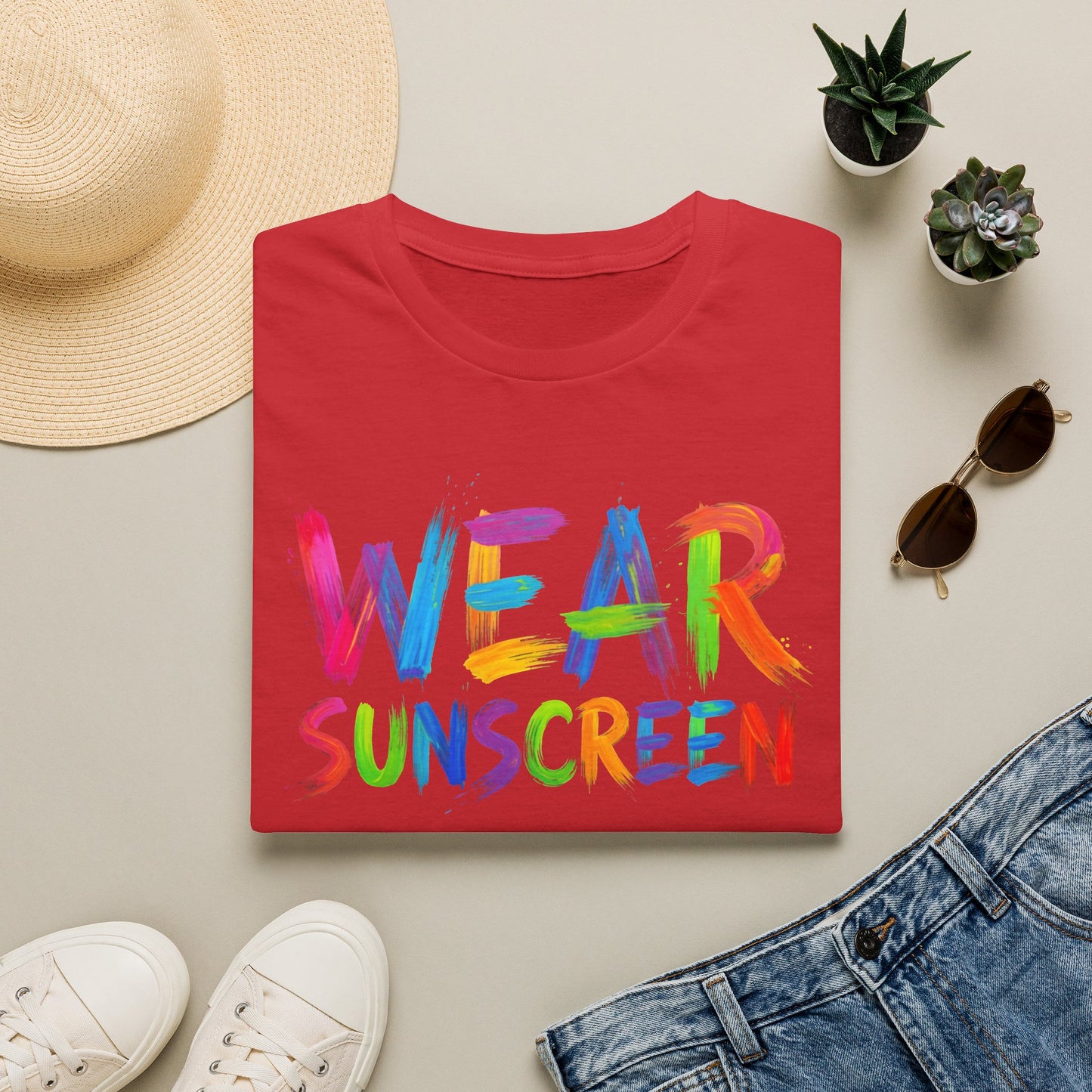 Wear Sunscreen T-Shirt — Colorful Brushstroke Sun Safety Tee Printify