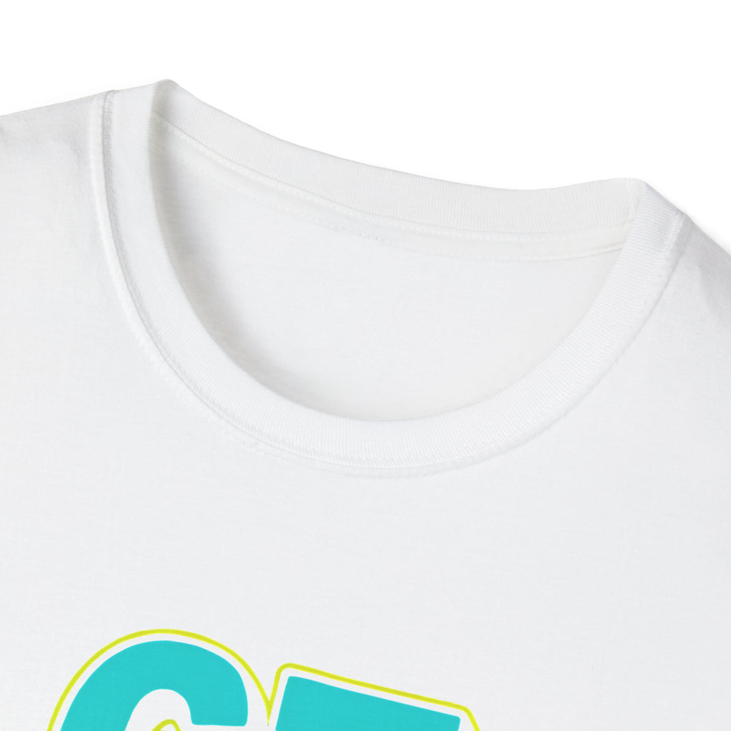 Close-up of a white shirt with a turquoise and yellow logo on a white background