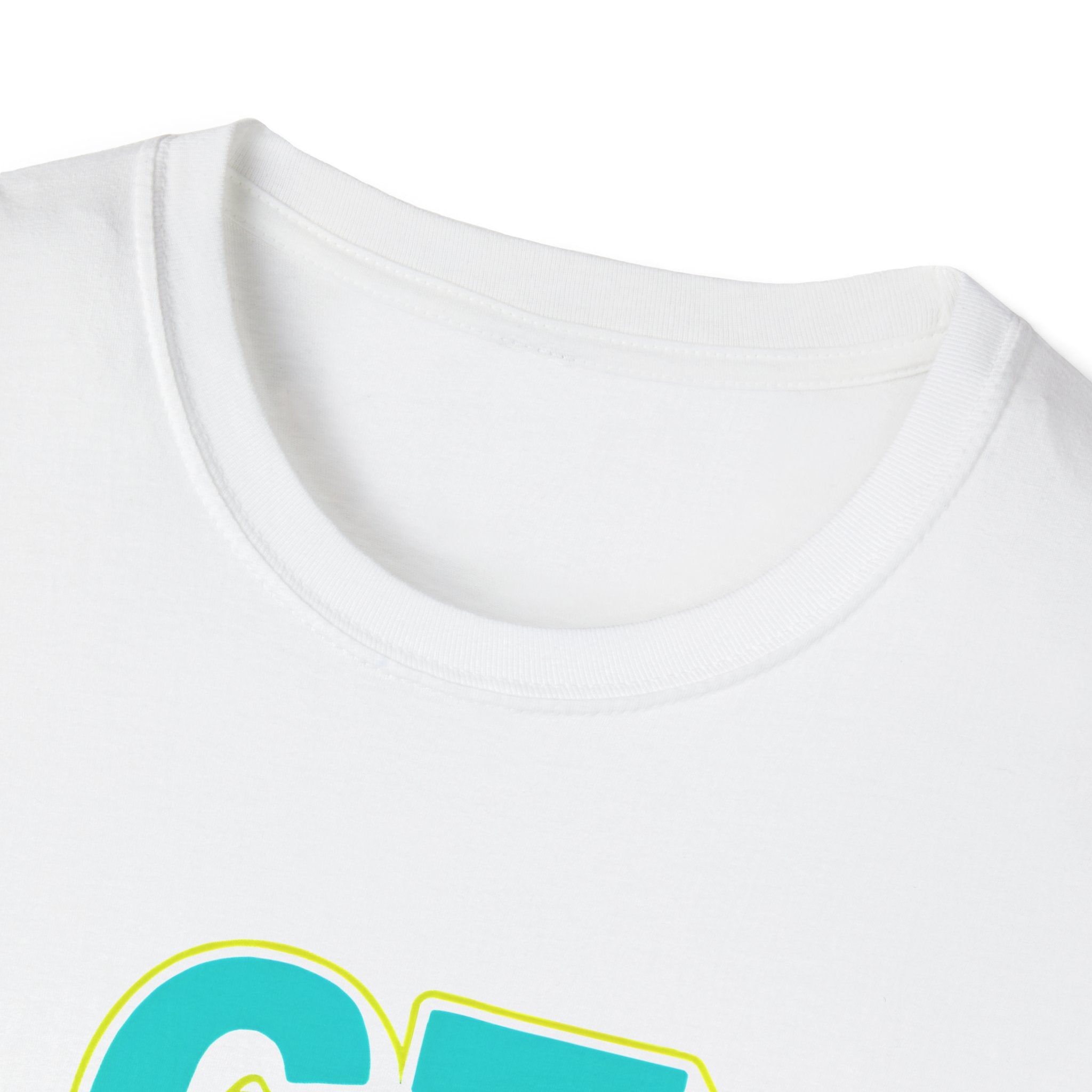 Close-up of a white shirt with a turquoise and yellow logo on a white background