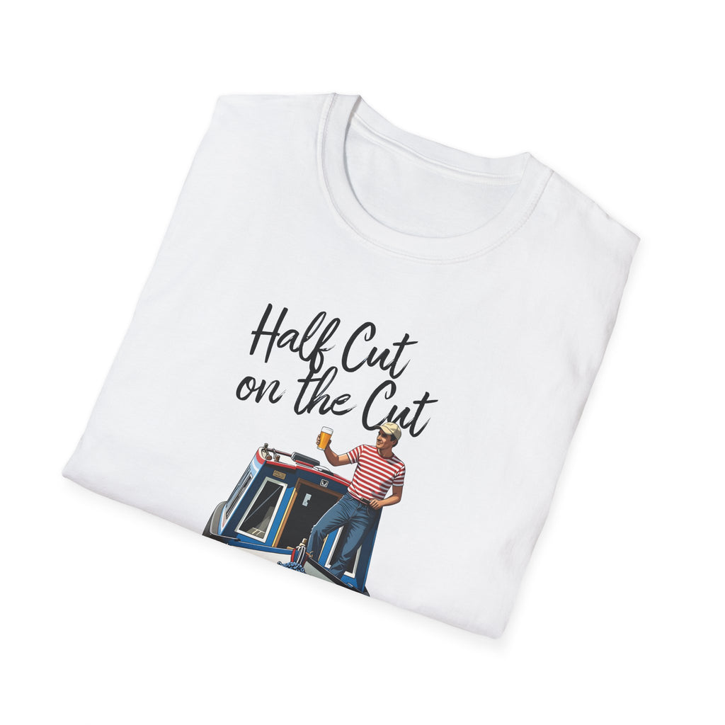 White t-shirt with graphic design and text on a white background