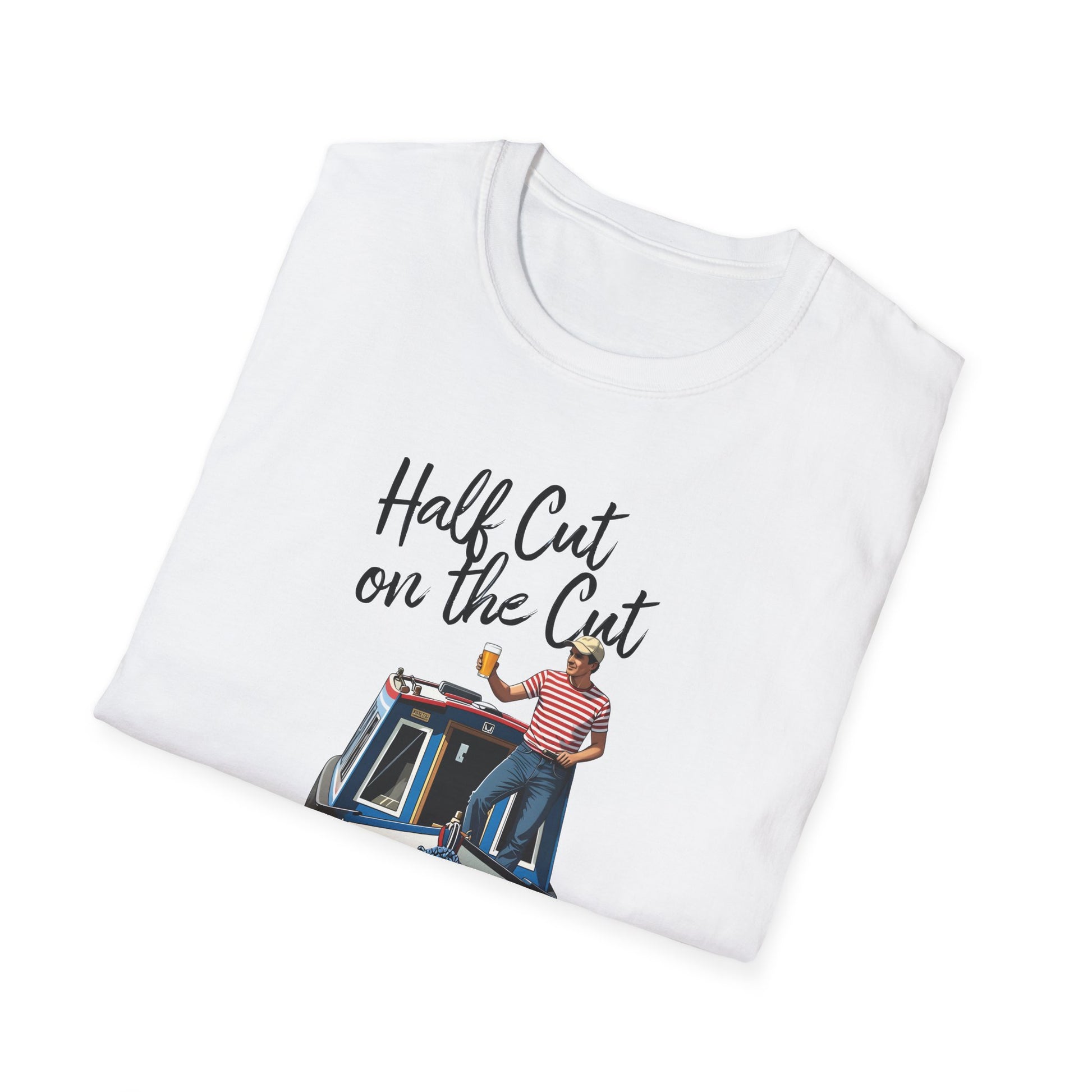 White t-shirt with graphic design and text on a white background