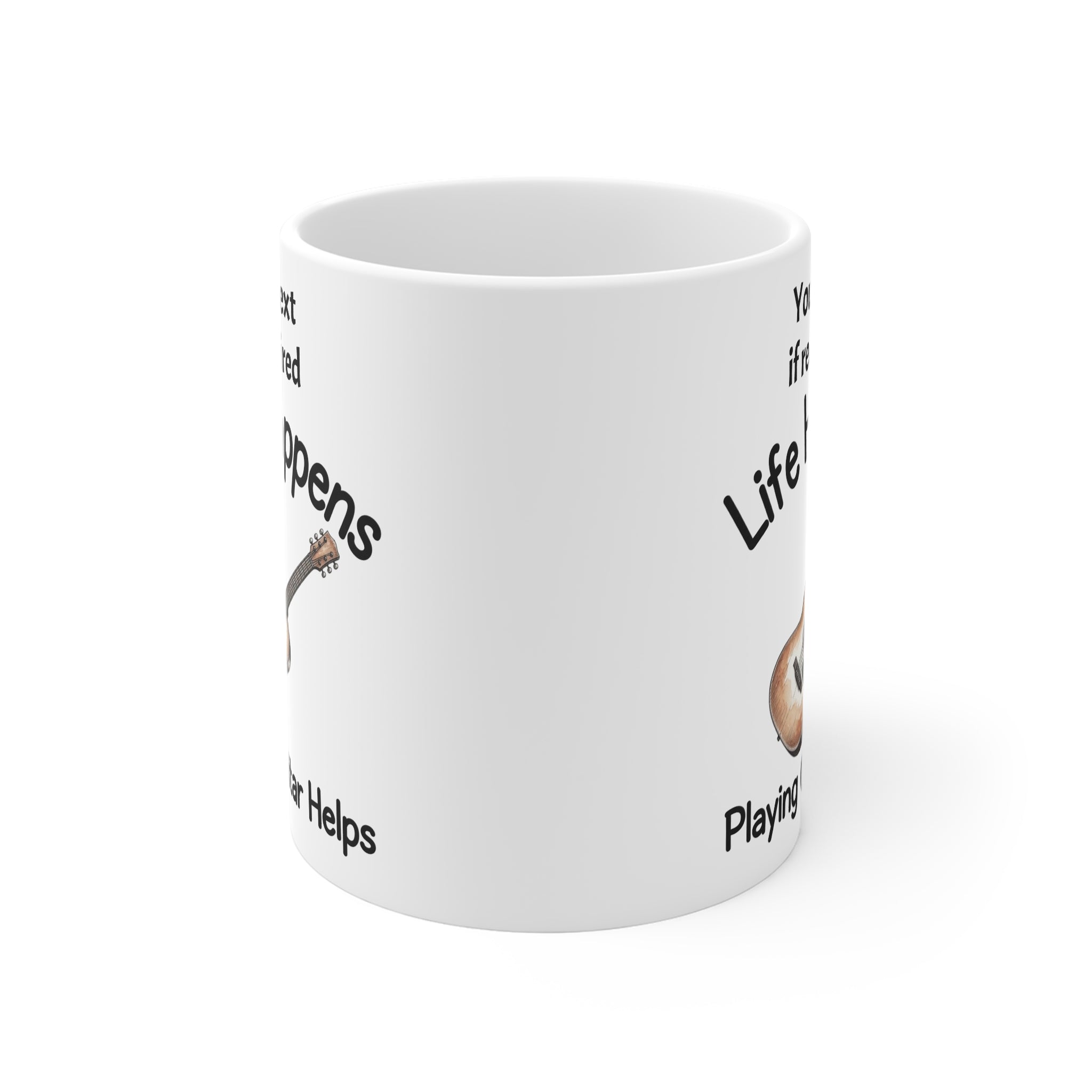Life Happens Playing Guitar Helps Coffee Mug | Personalized Guitar Mug – Fat Boris Guitar Shed Printify