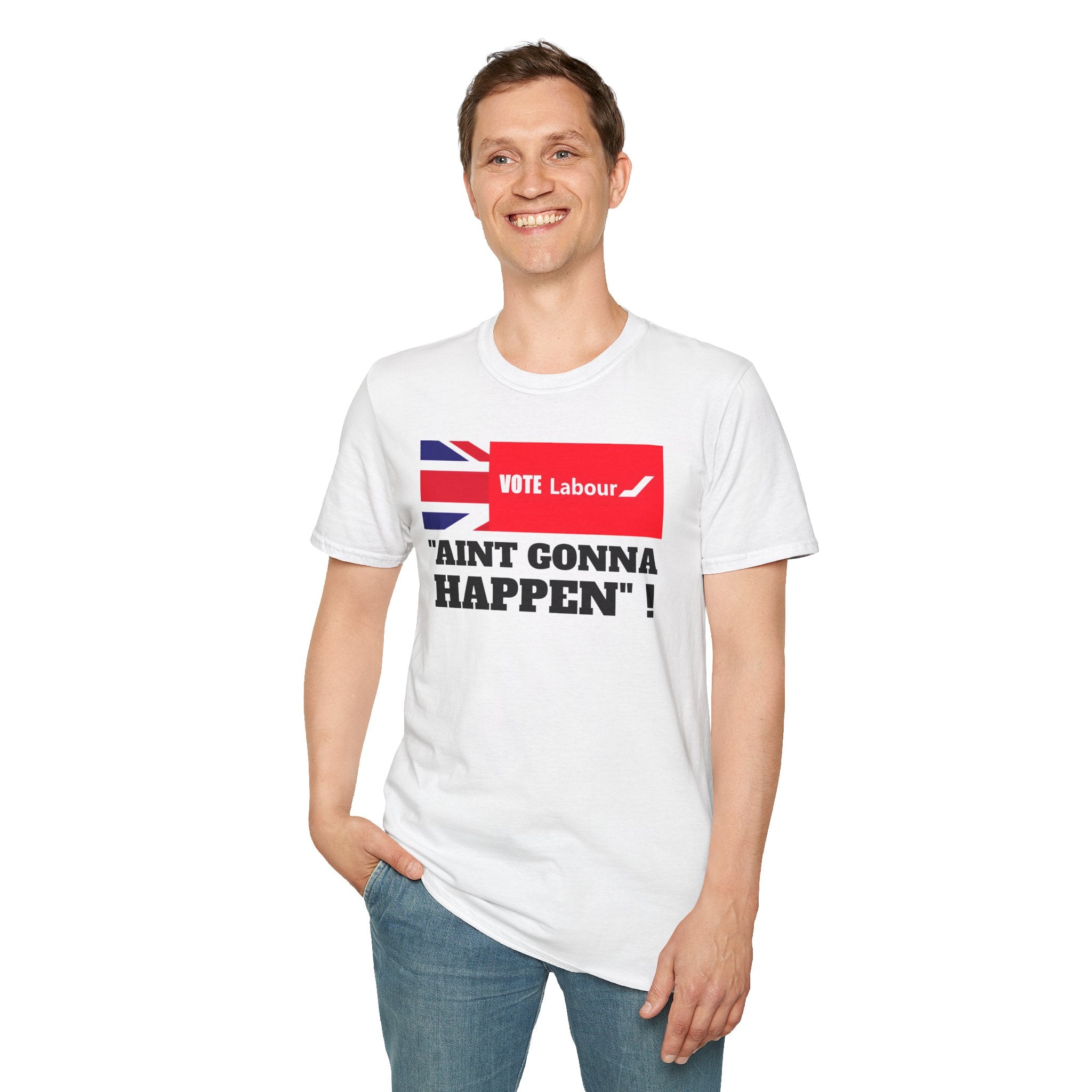 Political T‑Shirt — “Vote Labour” Union Jack Graphic with “AIN'T GONNA HAPPEN!” Slogan Printify