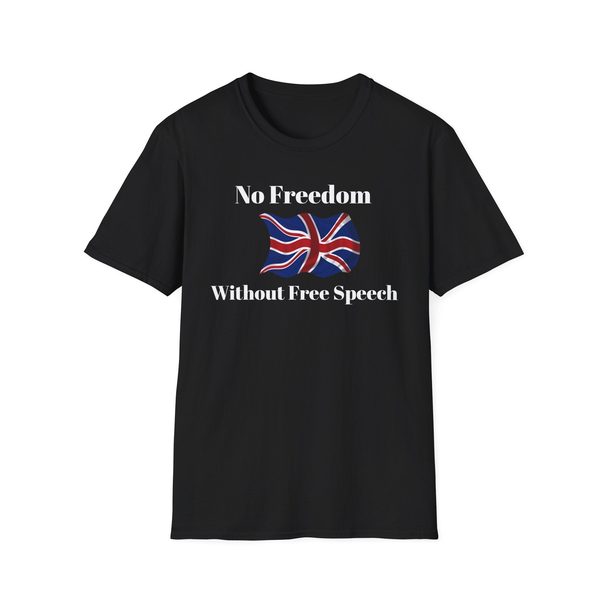 Black t-shirt with a Union Jack design and text on a white background