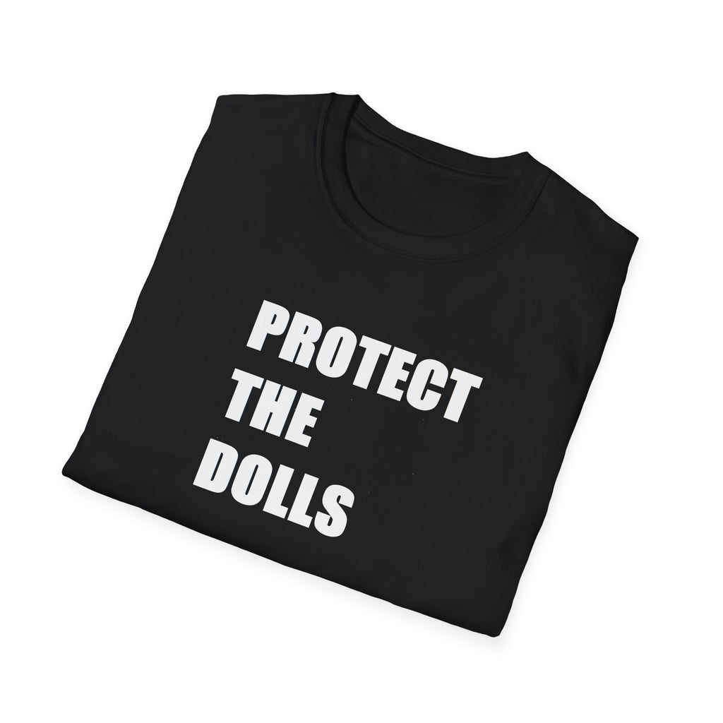 Folded Black t-shirt with 'PROTECT THE DOLLS' text on a white background