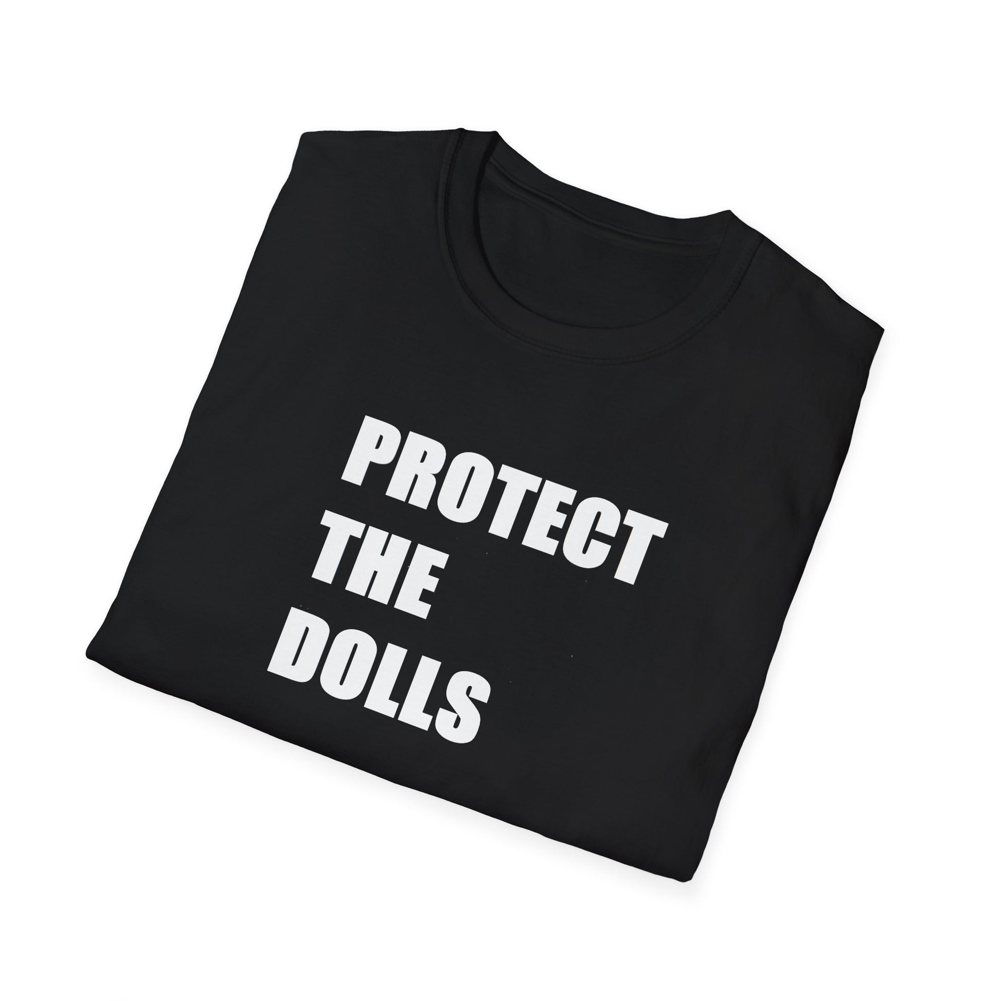 Folded Black t-shirt with 'PROTECT THE DOLLS' text on a white background