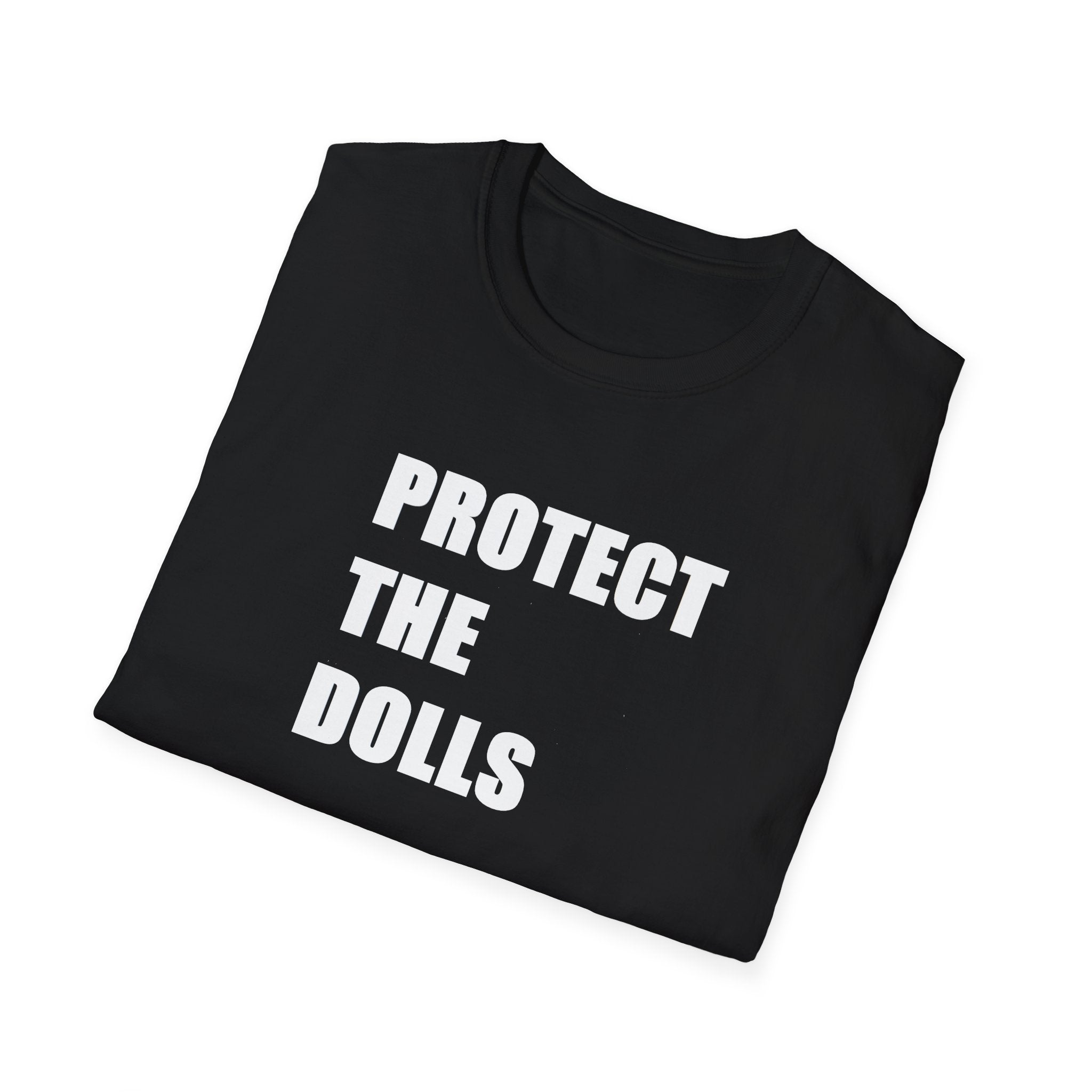 Folded Black t-shirt with 'PROTECT THE DOLLS' text on a white background