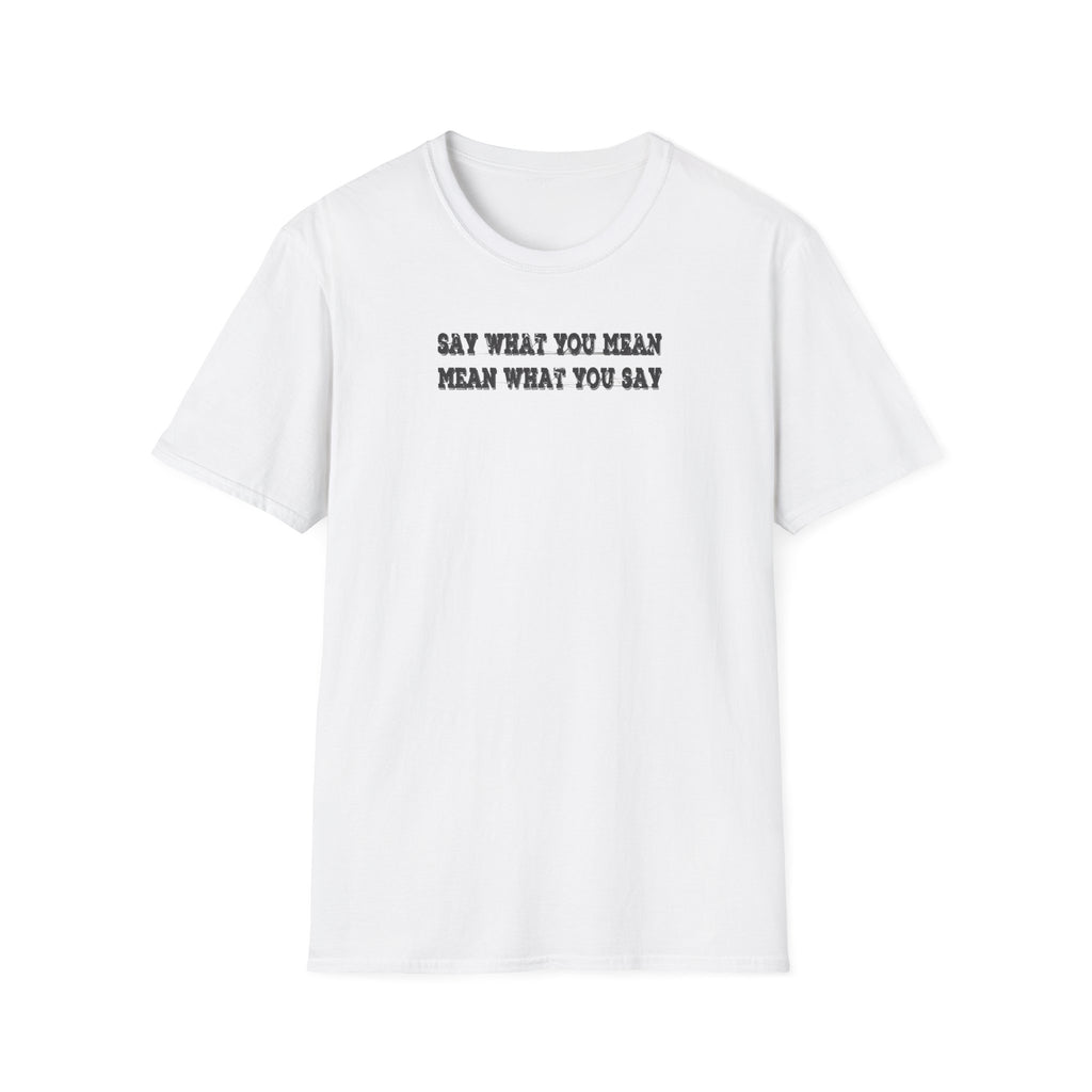 White t-shirt with black text on a white background