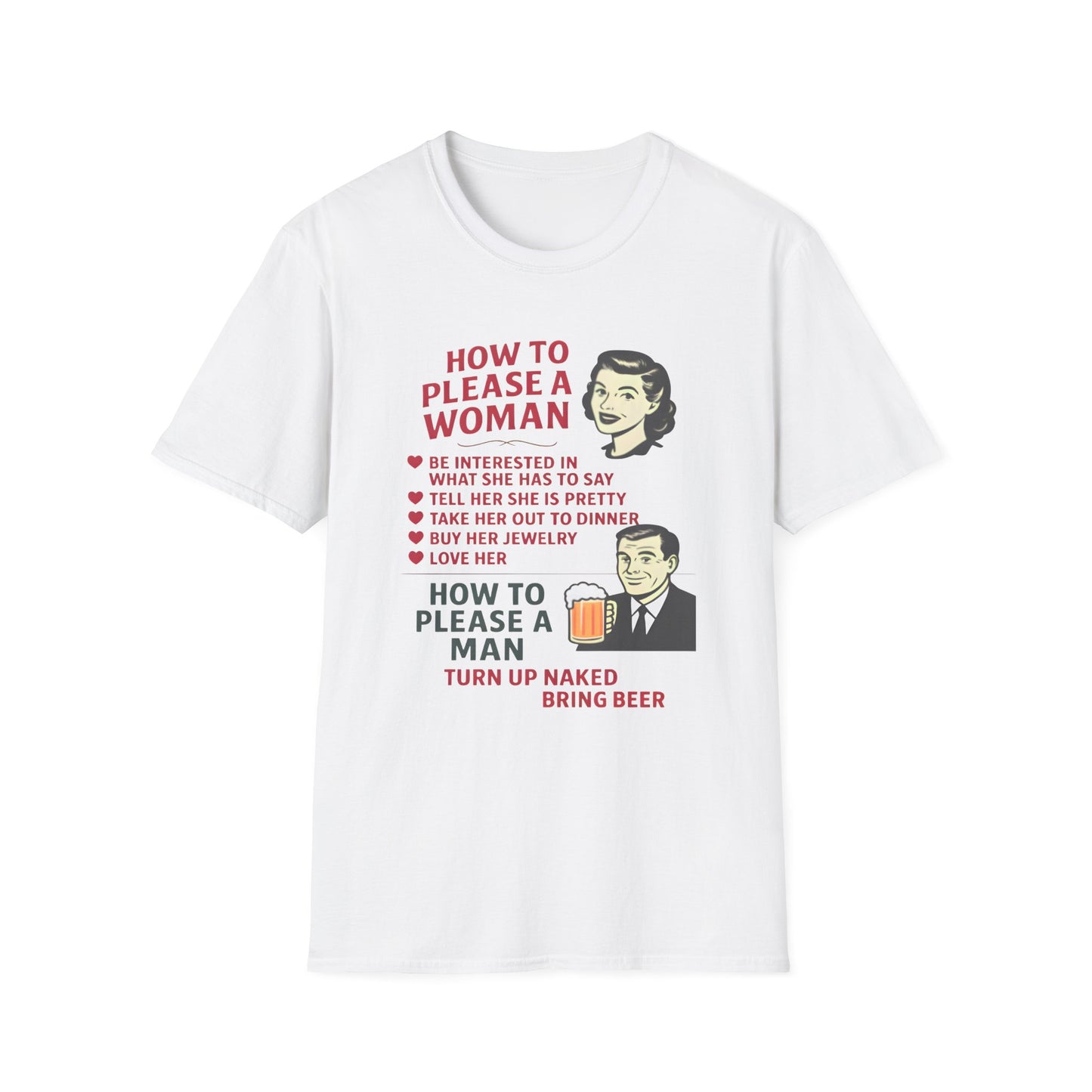 How to Please a Woman vs Man Vintage Humor T-Shirt Fat Boris