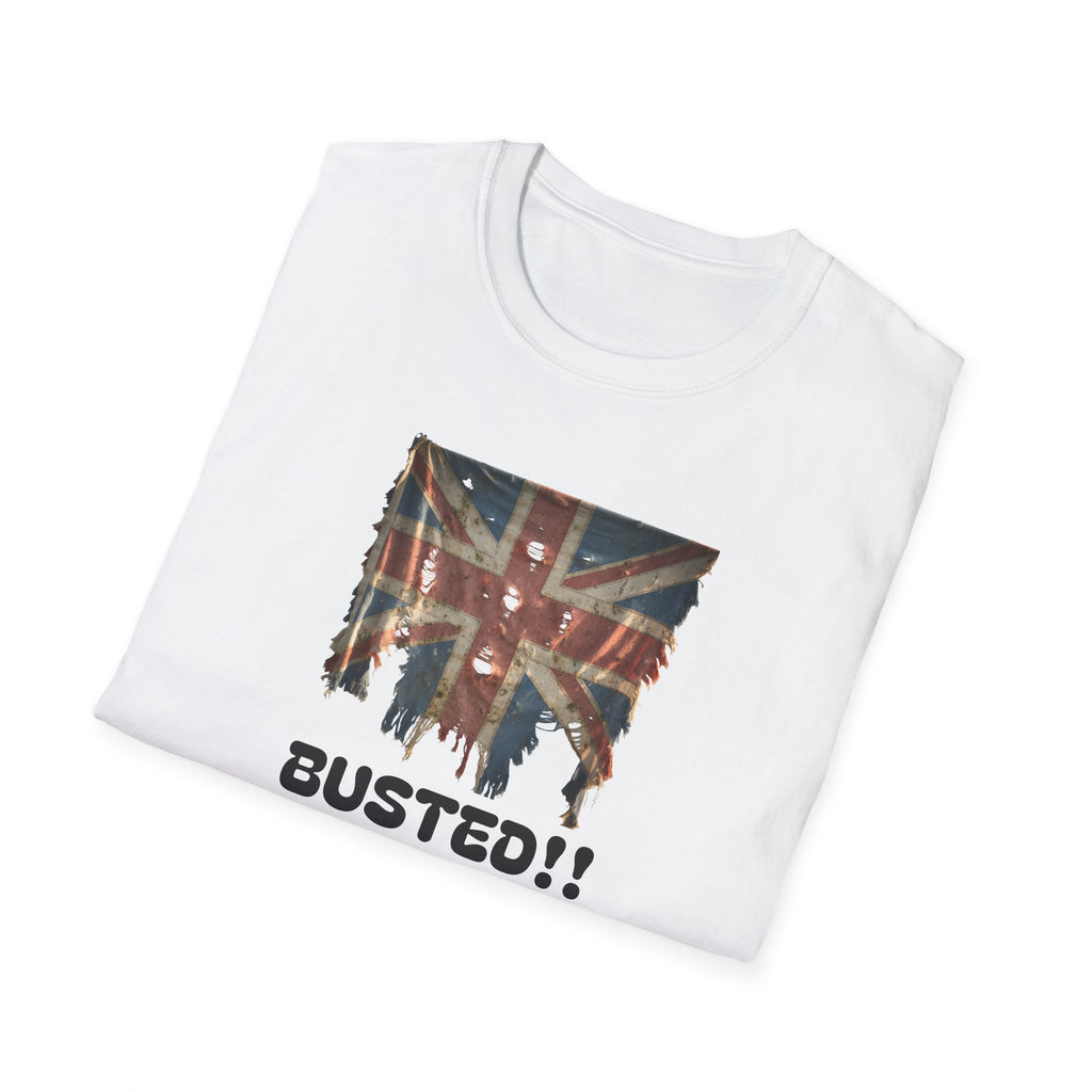 White t-shirt with a distressed Union Jack design and 'BUSTED!!' text on a white background