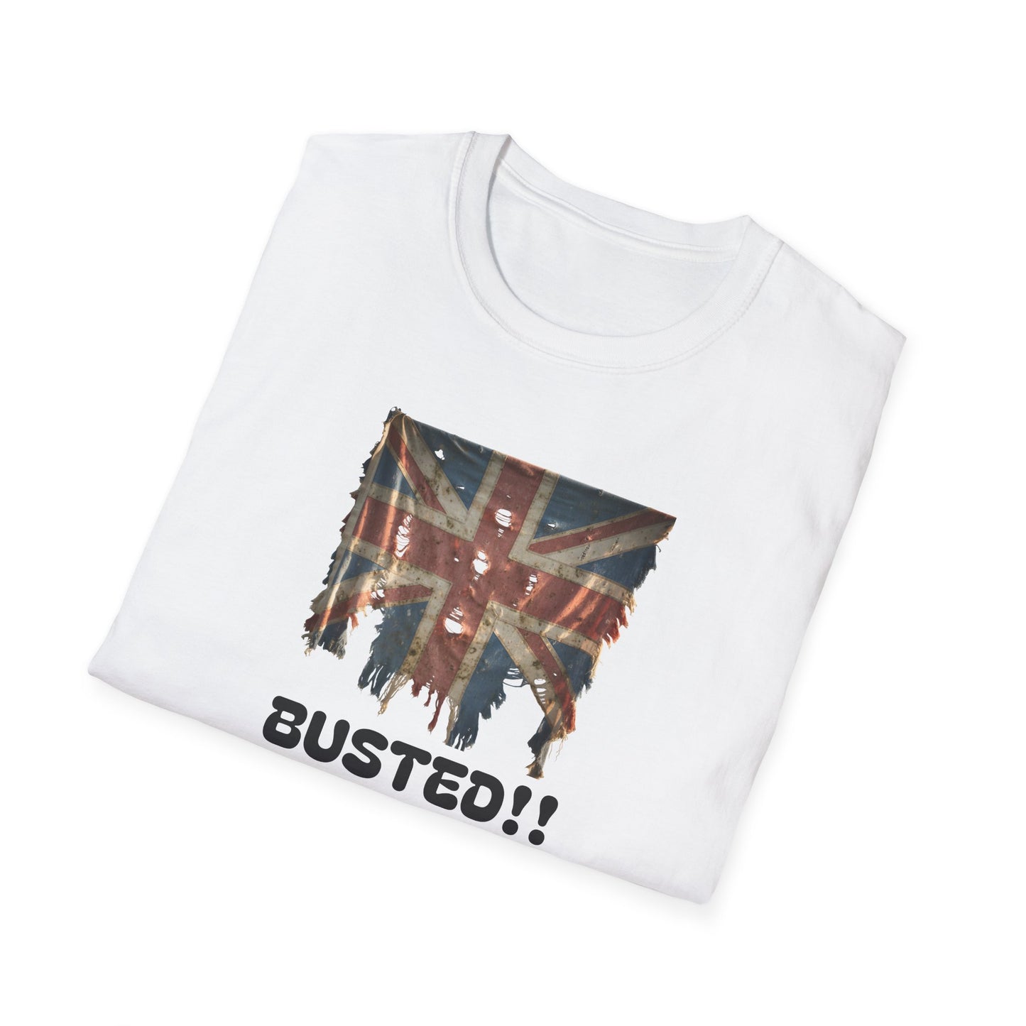 White t-shirt with a distressed Union Jack design and 'BUSTED!!' text on a white background
