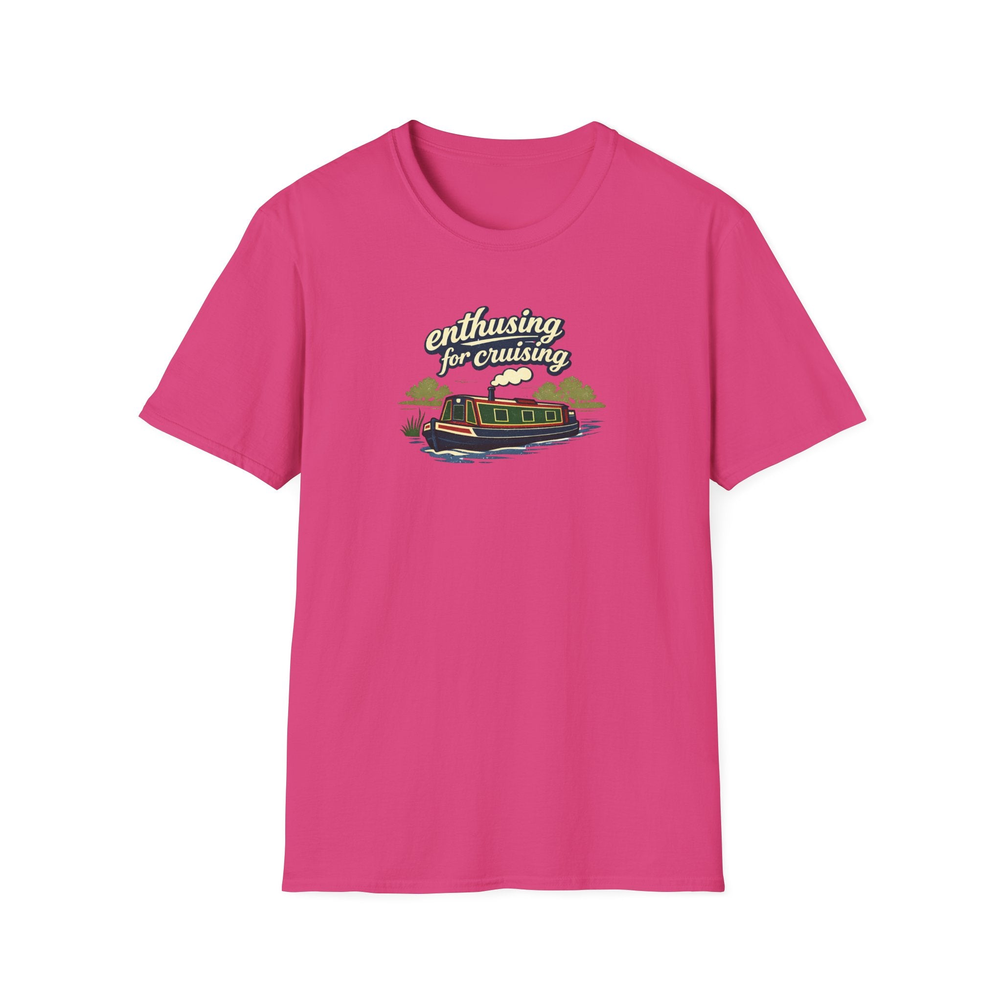 pink t-shirt with a graphic design of canal narrow boat text enthusing for cruising