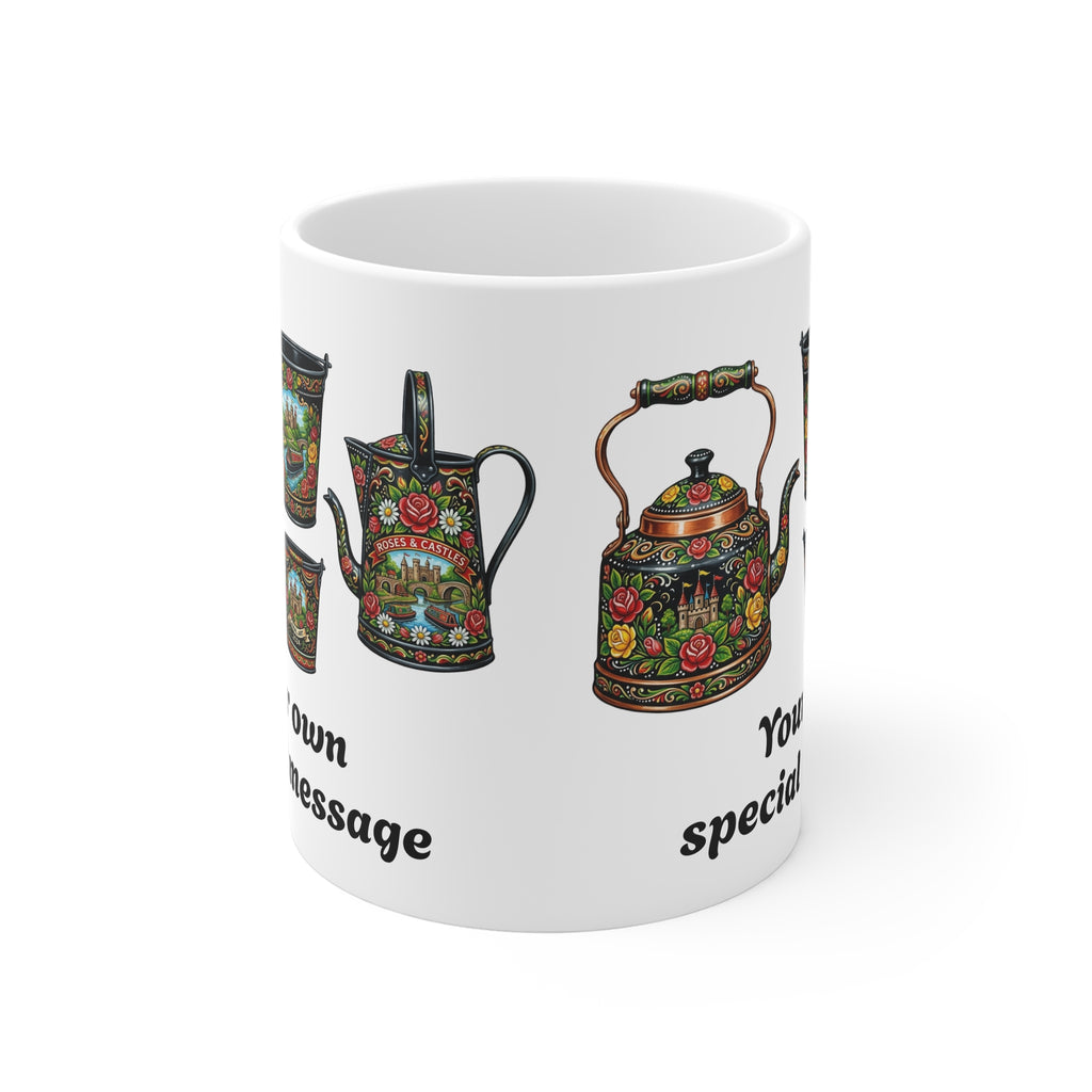 Custom  personalised 11oz Coffee Mug with Traditional Canal Roses and Castles Art 