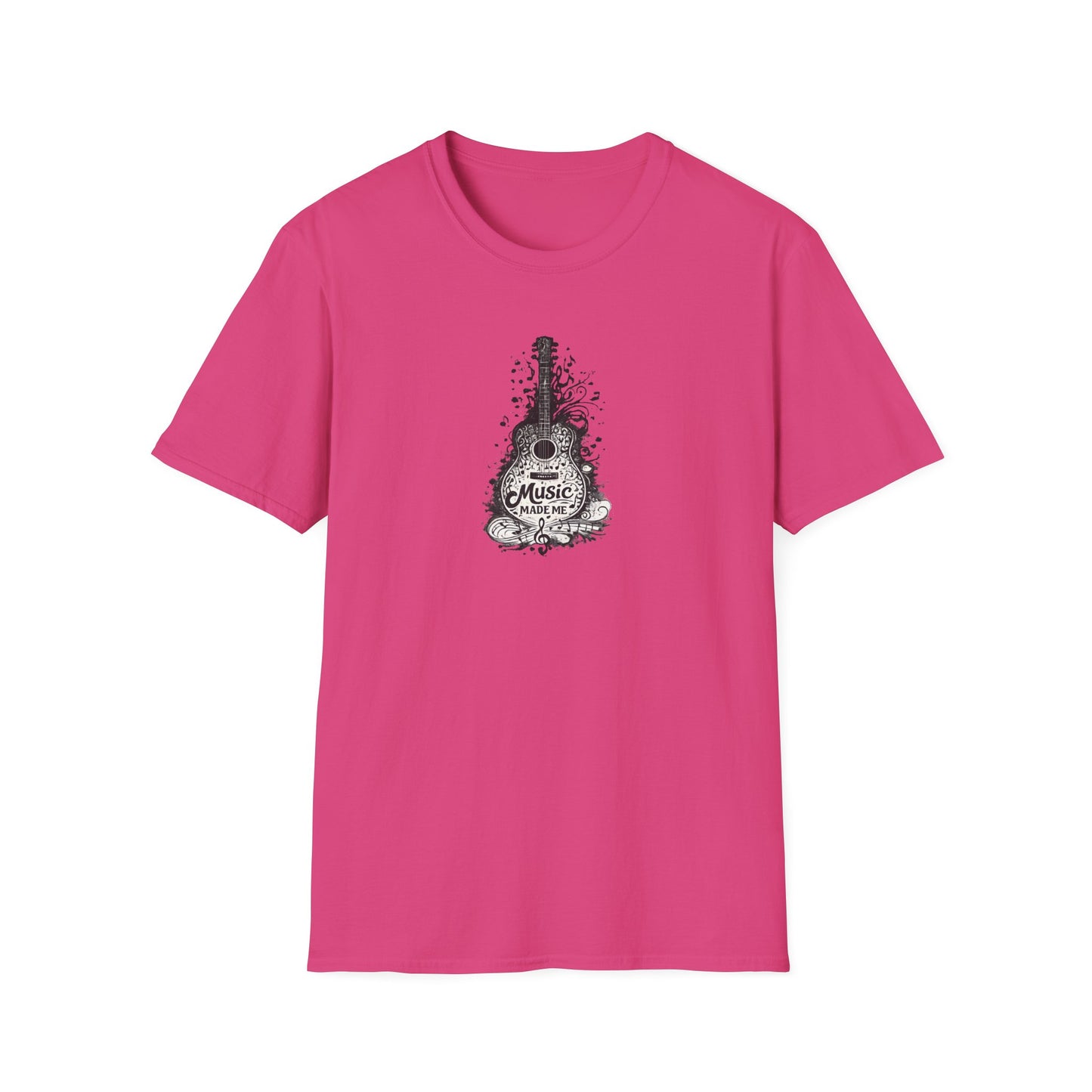 Pink t-shirt with a black and white guitar graphic and 'Music' text on a white background