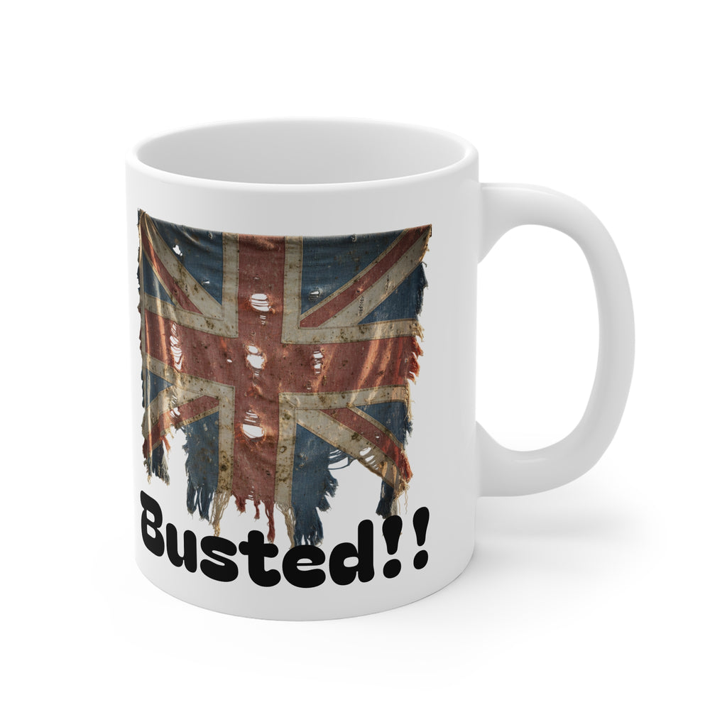 White mug with a Union Jack design and 'Busted!!' text on a white background