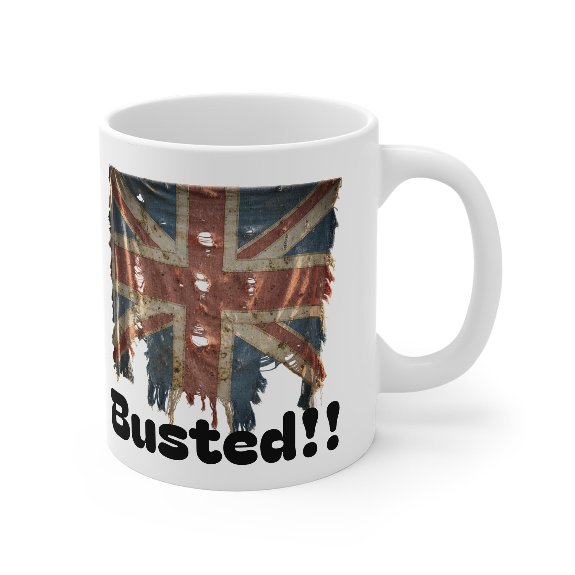 White mug with a Union Jack design and 'Busted!!' text on a white background