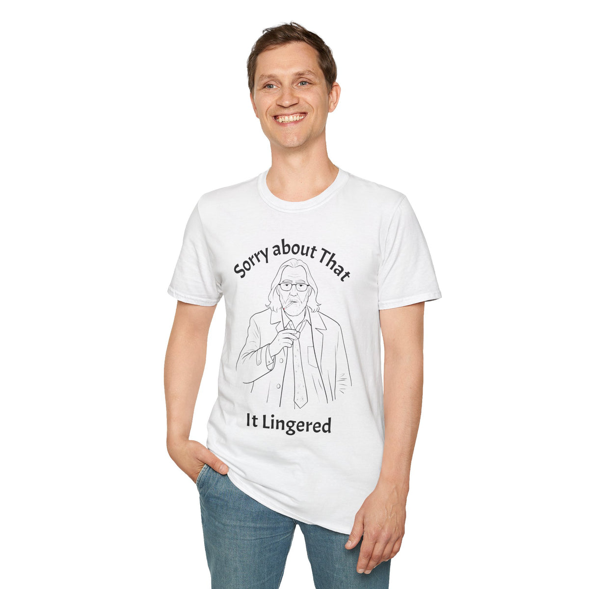 Person wearing a white t-shirt with text on a plain background