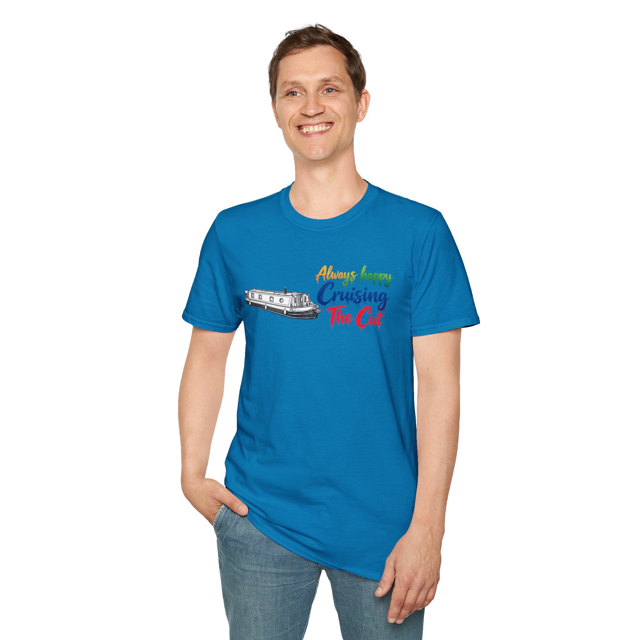 Man wearing a blue t-shirt with text and graphic on a white background