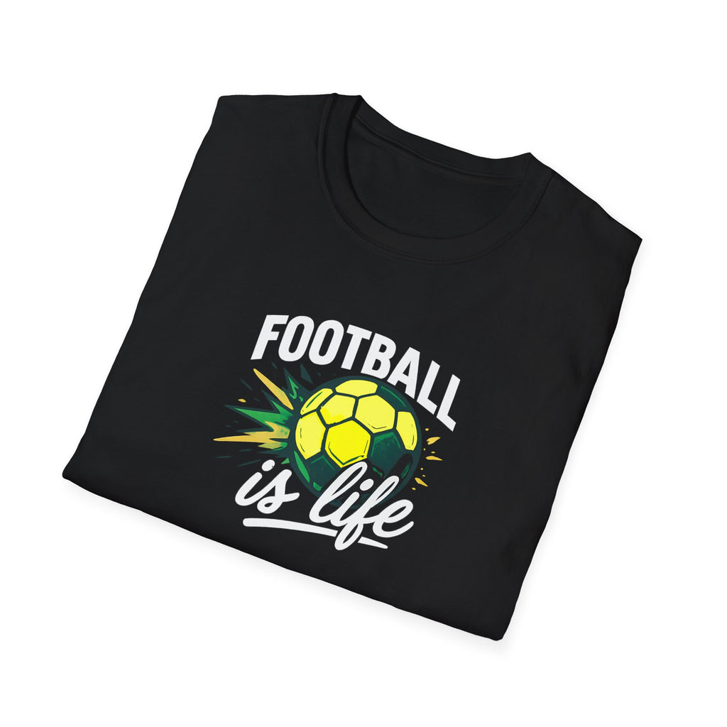 Football is life graphic on folded black t shirt inspired by Ted lasso TV show