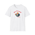 White t-shirt with a graphic of a man holding a drink and text 'Bar Steward Fat Boris' on a white background.