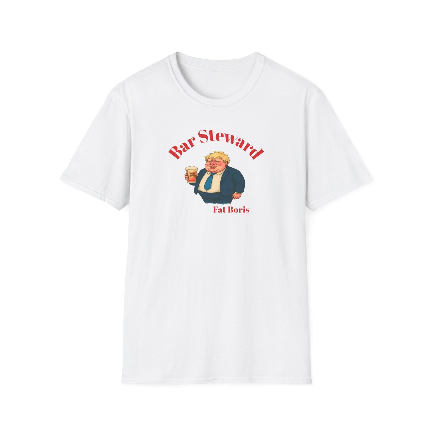 White t-shirt with a graphic of a man holding a drink and text 'Bar Steward Fat Boris' on a white background.