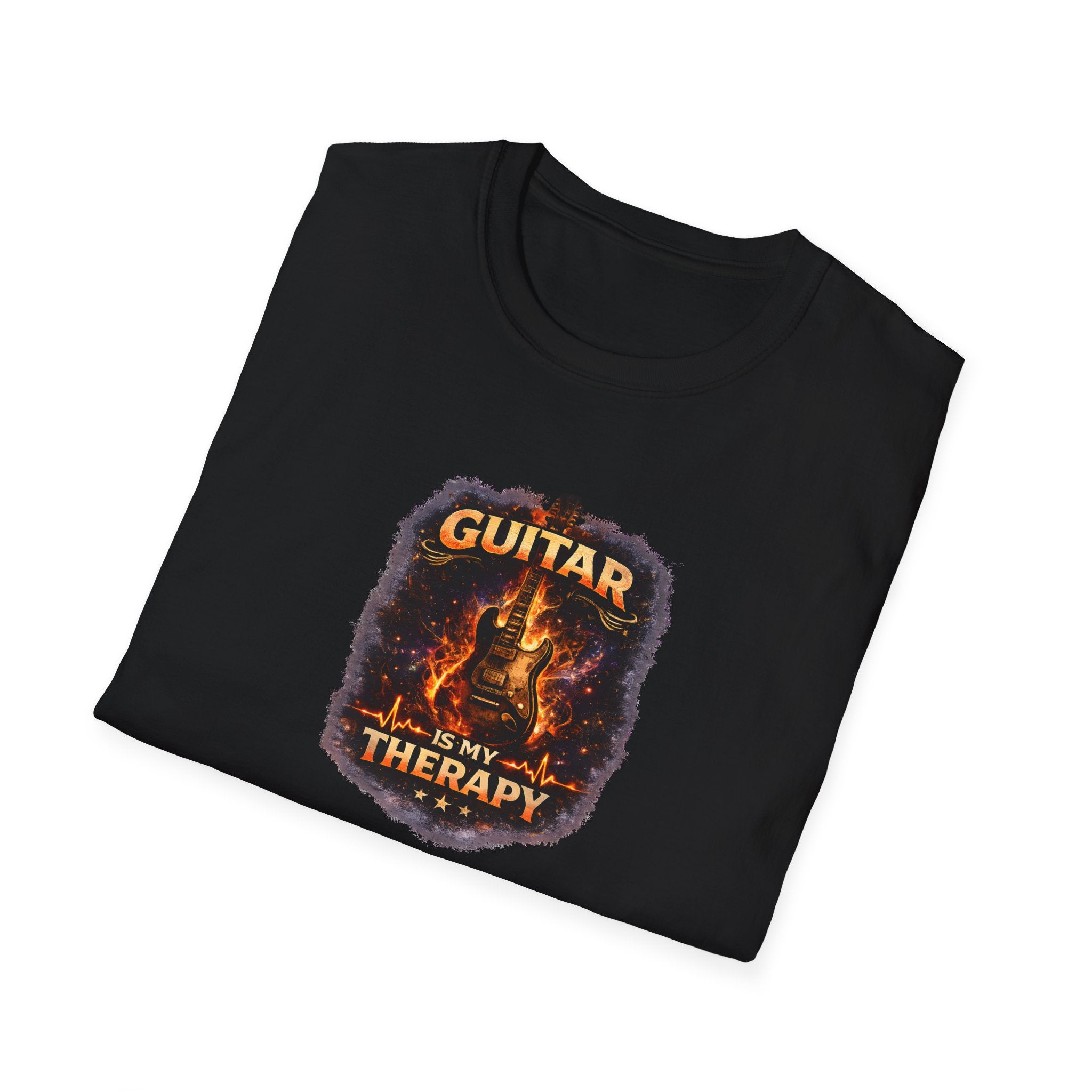Black t-shirt with 'Guitar is my Therapy' design on a white background