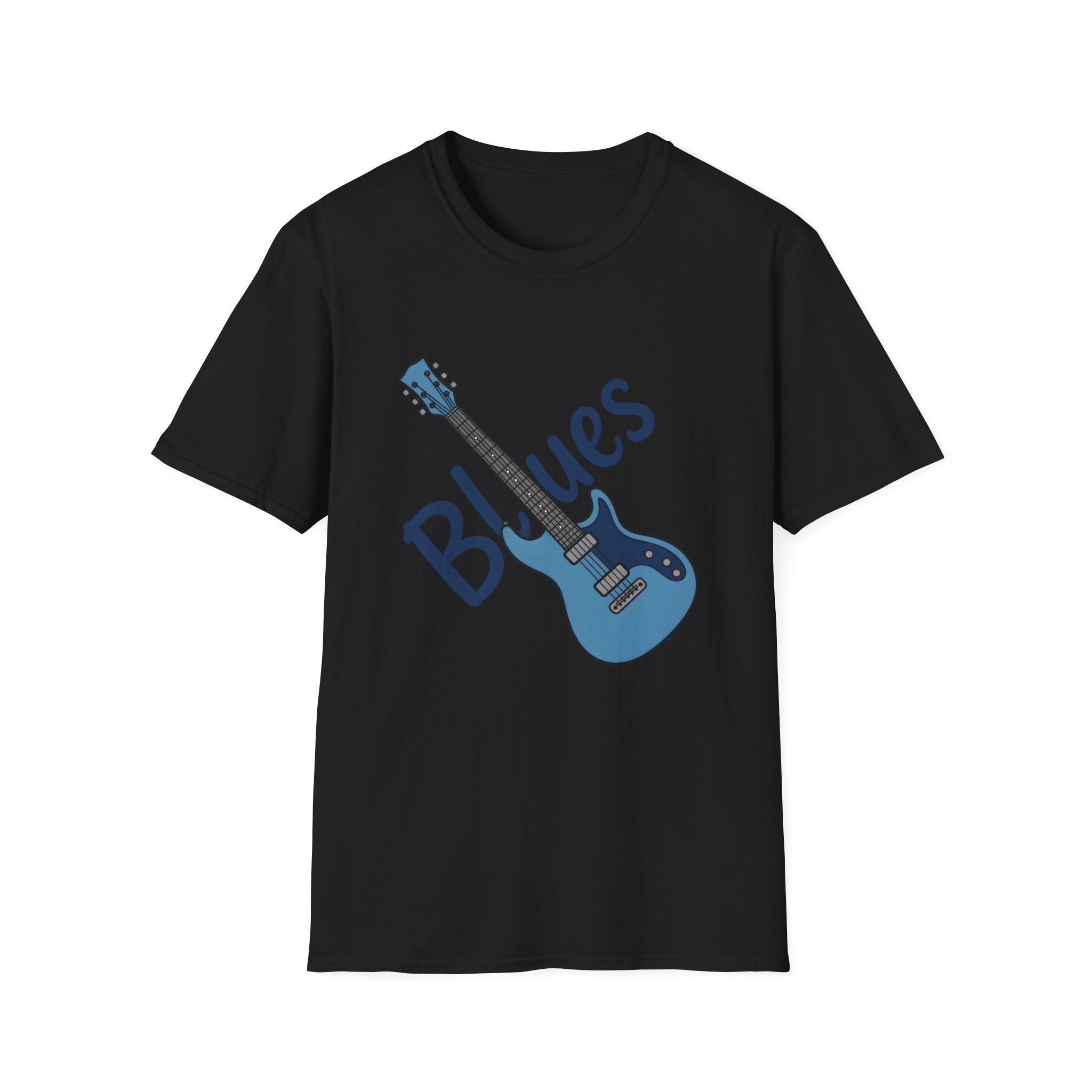 Black t-shirt with blue guitar graphic and 'Blues' text on a white background