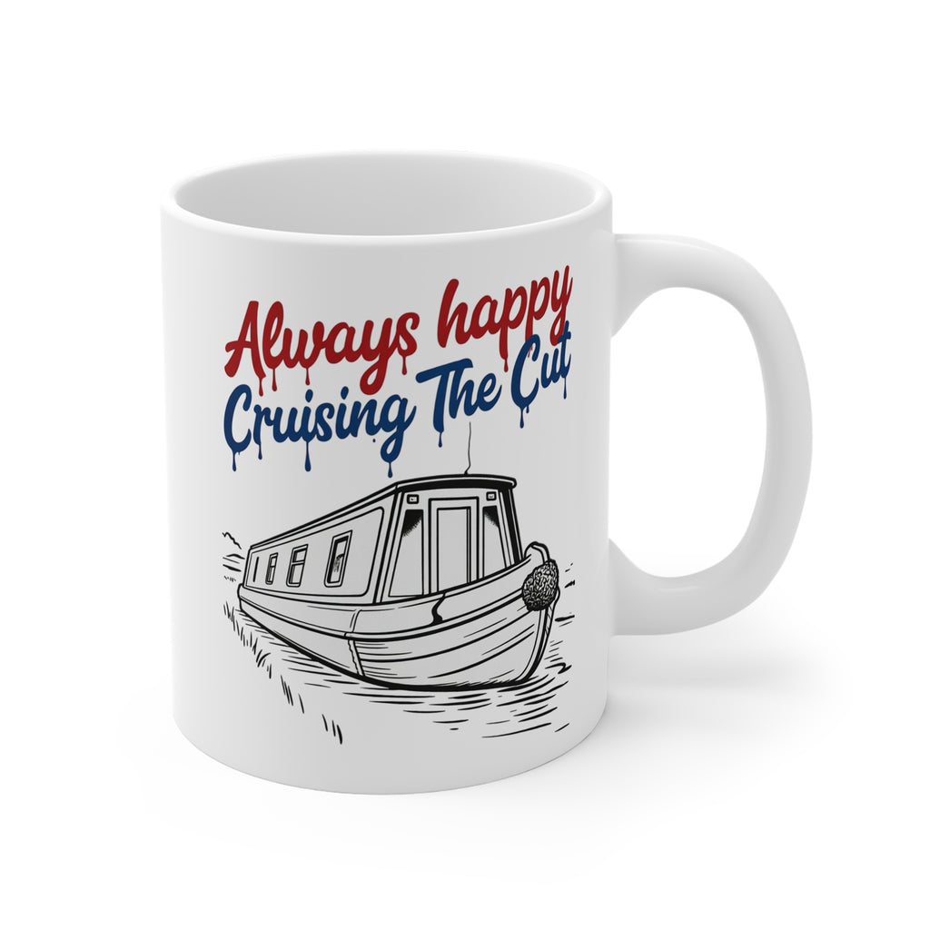 White mug with a boat illustration and text 'Always happy Cruising The Cut' on a white background