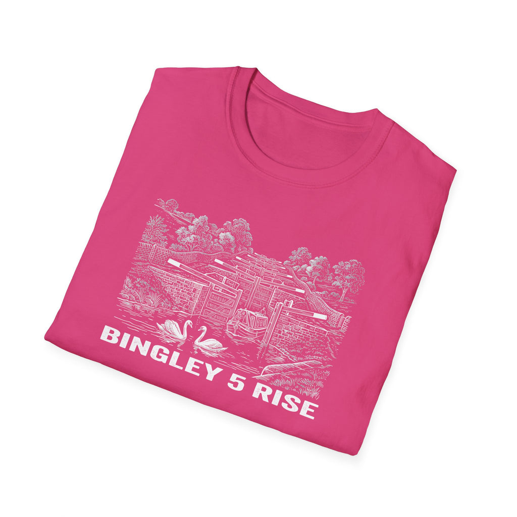 Pink t-shirt with white graphic and text 'Bingley 5 Rise' on a white background