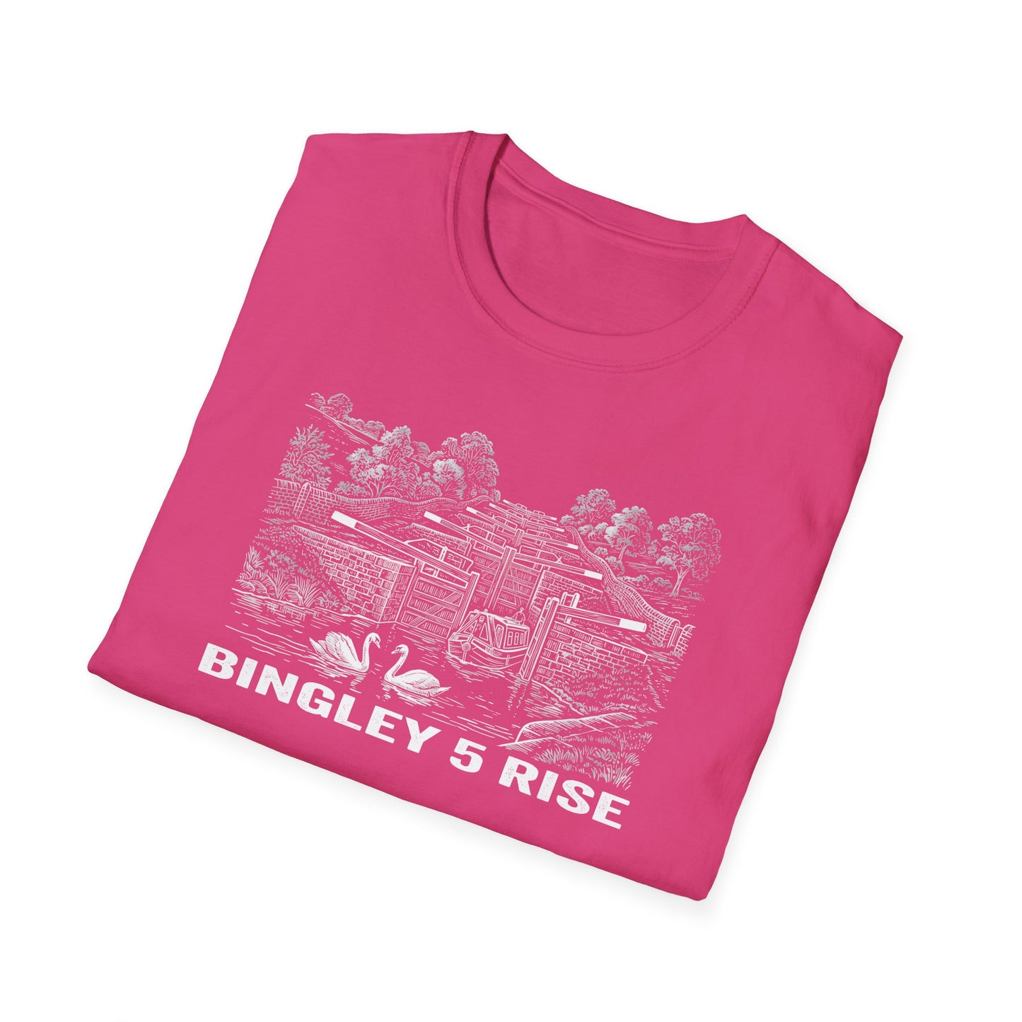 Pink t-shirt with white graphic and text 'Bingley 5 Rise' on a white background
