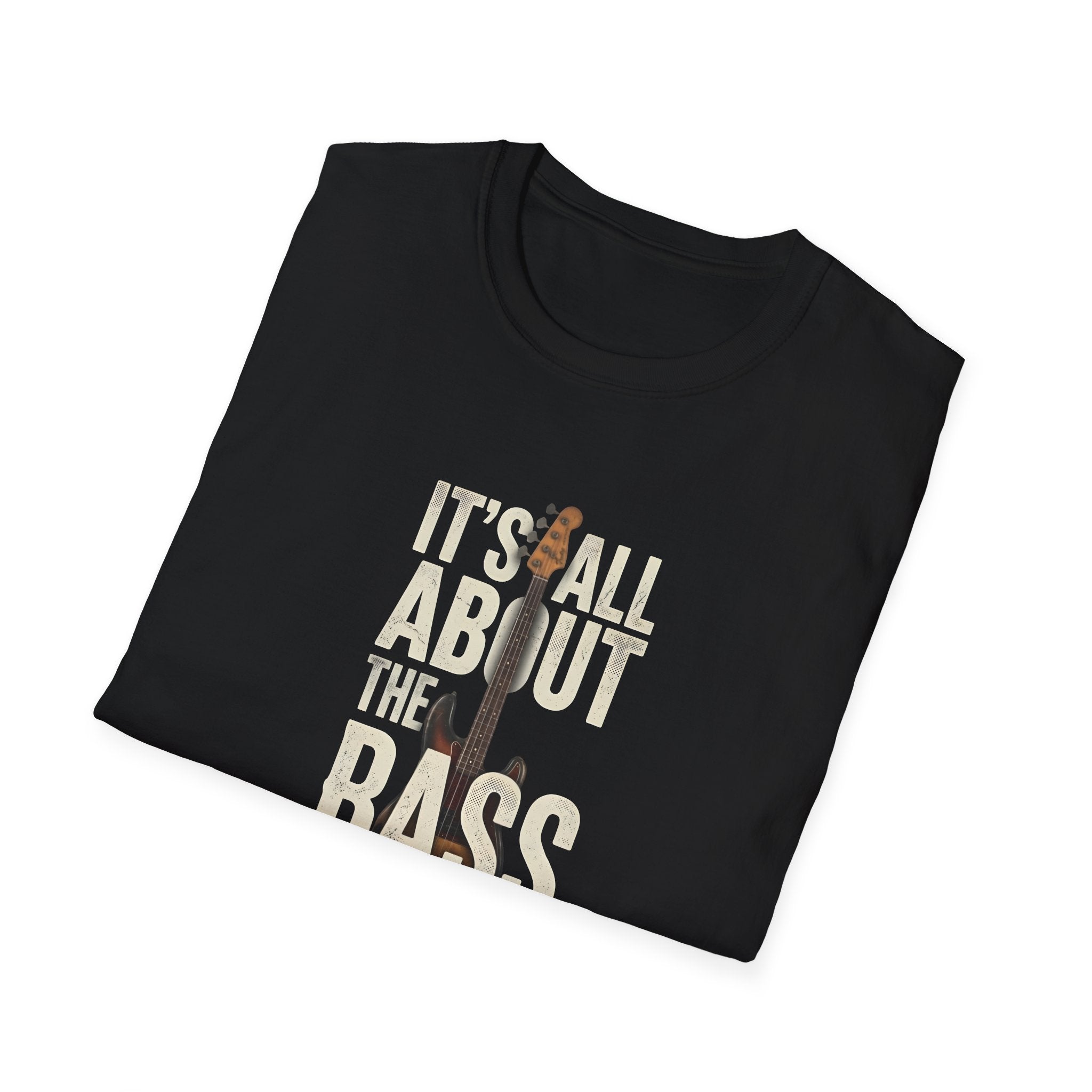Black t-shirt with 'It's All About the Bass' text and bass guitar graphic on a white background