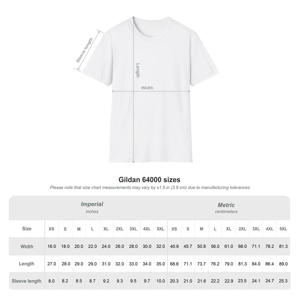 White t-shirt with size chart measurements on a white background
