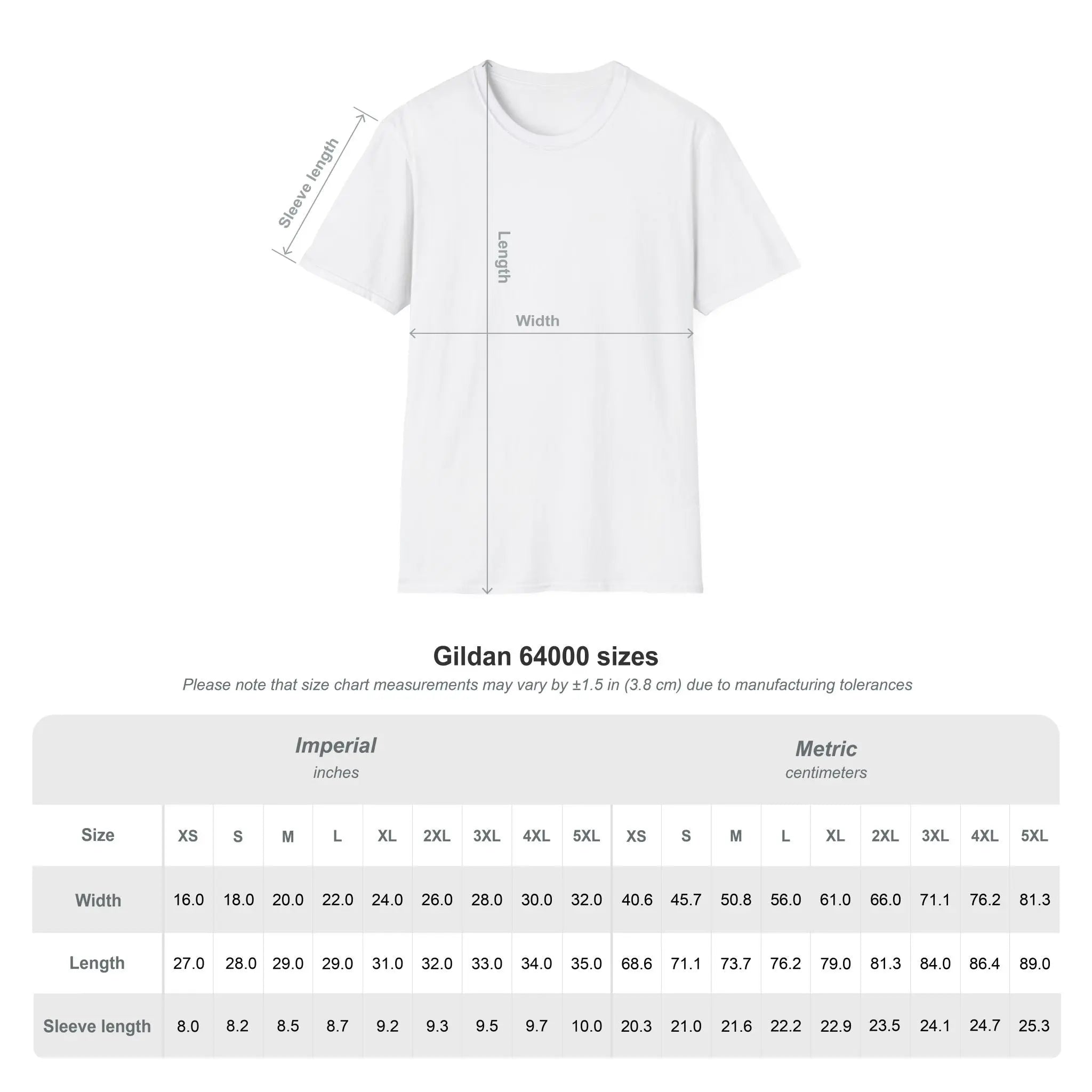 White t-shirt with size chart measurements on a white background