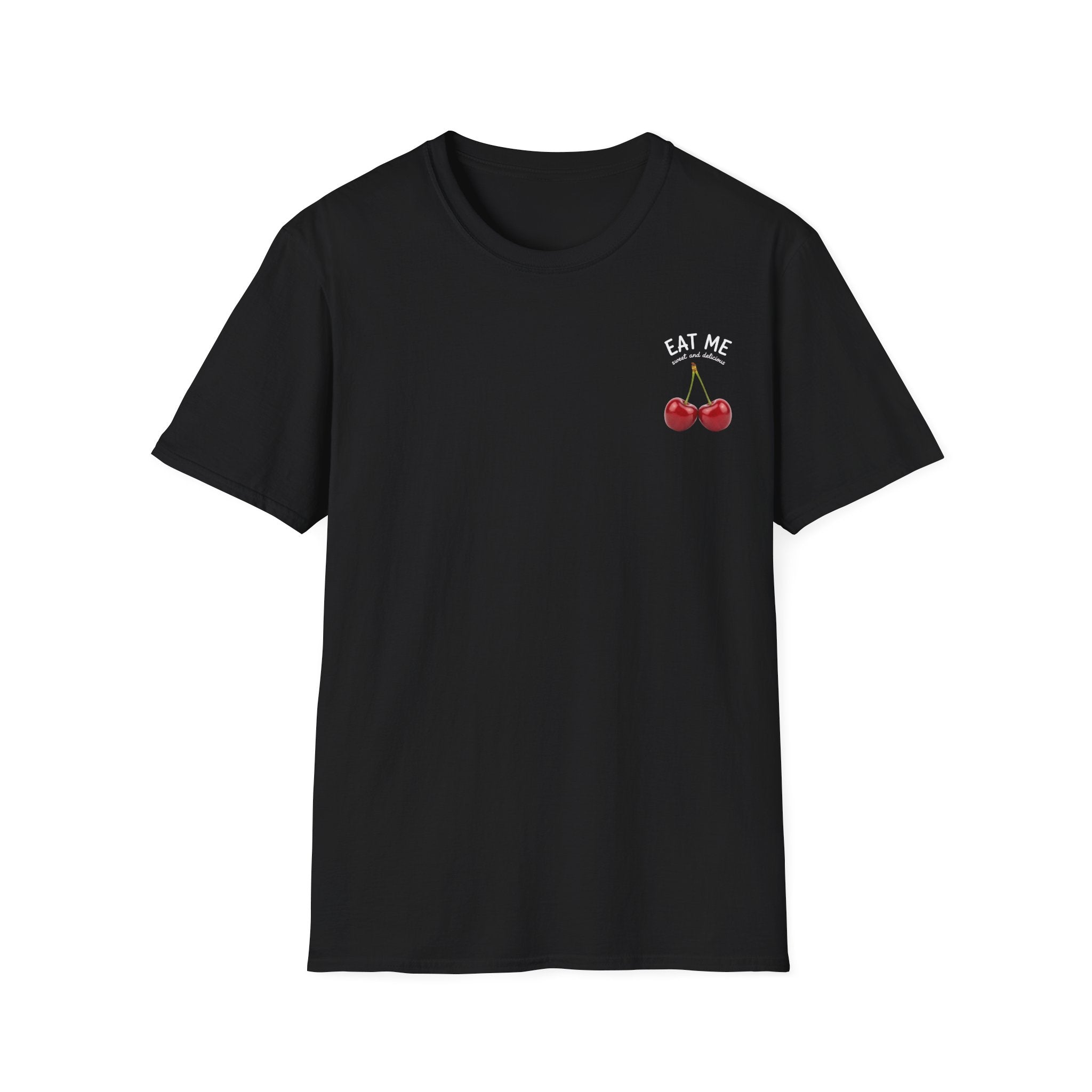Black t-shirt with cherry design and 'Eat Me' text on a white background