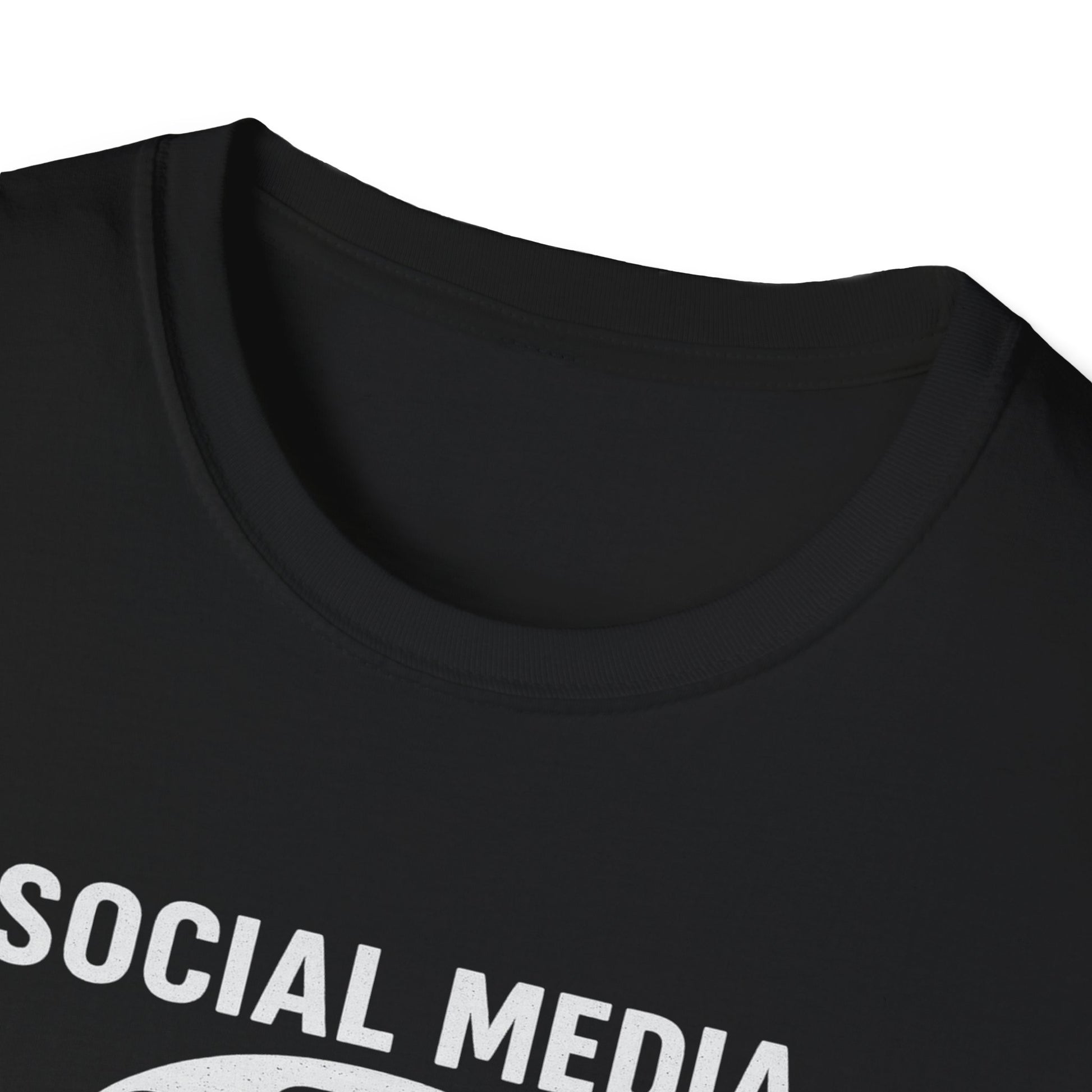 Collar view Black t-shirt with 'SOCIAL MEDIA' text on a white background