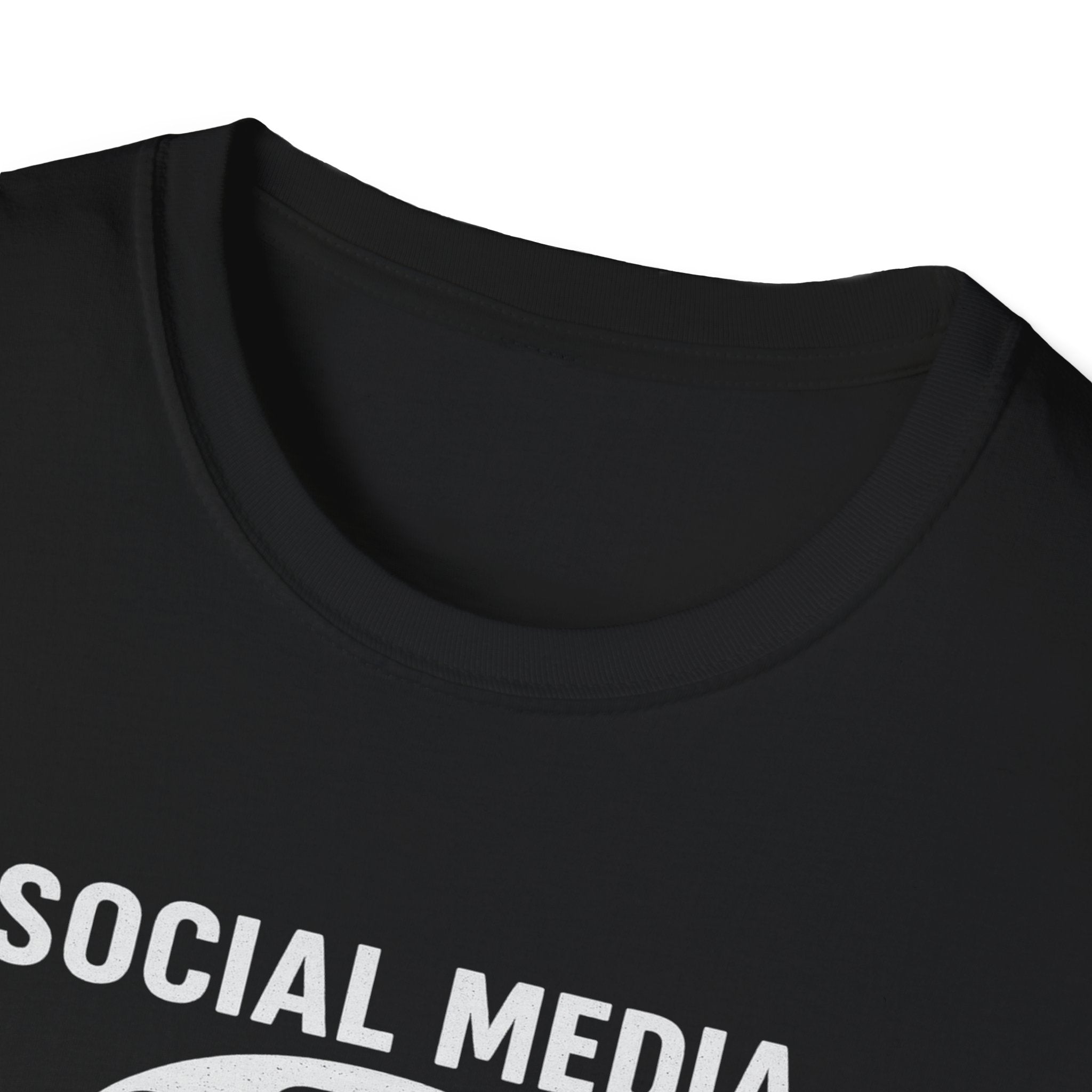 Collar view Black t-shirt with 'SOCIAL MEDIA' text on a white background