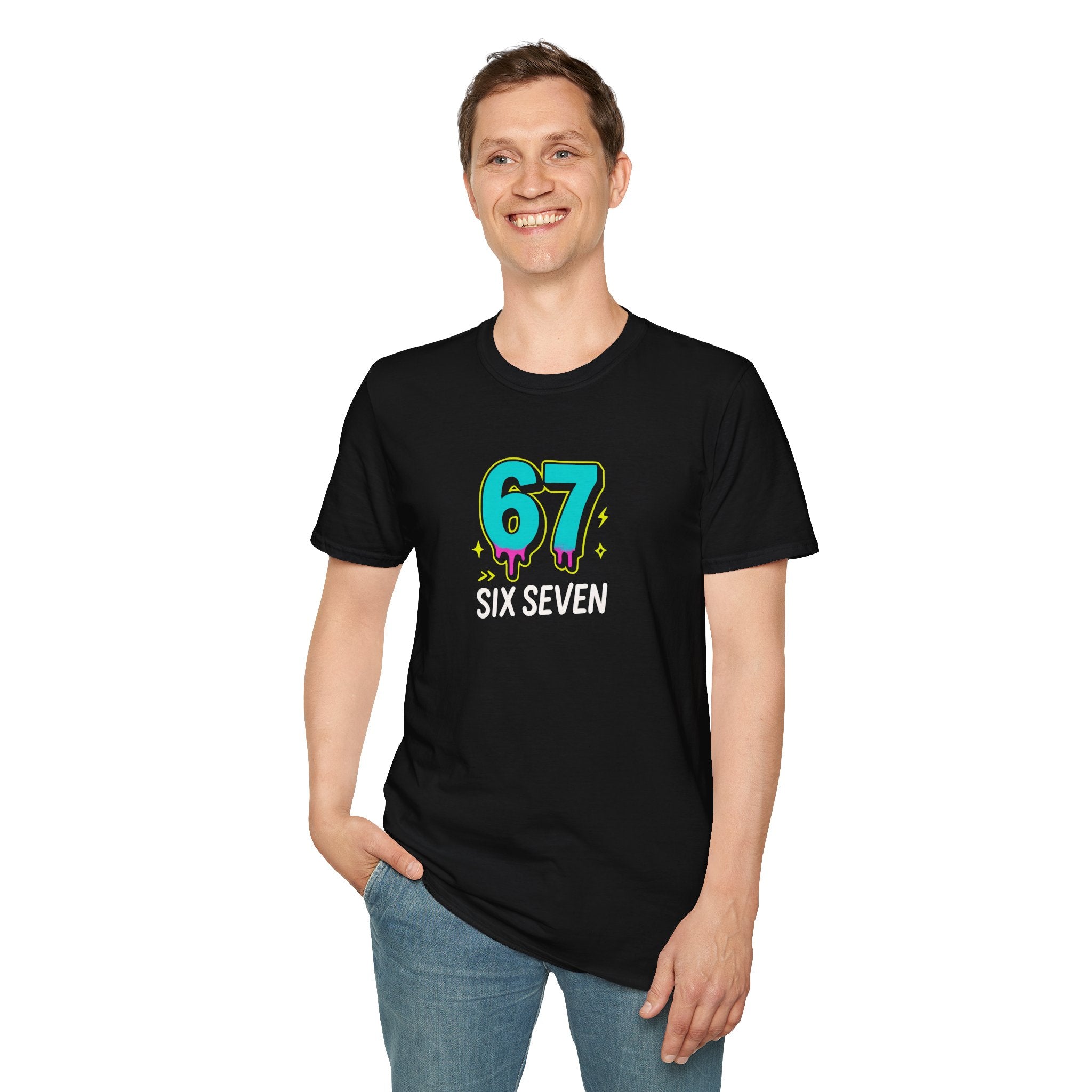 Person wearing a black t-shirt with colourful six seven  design and text on a white background