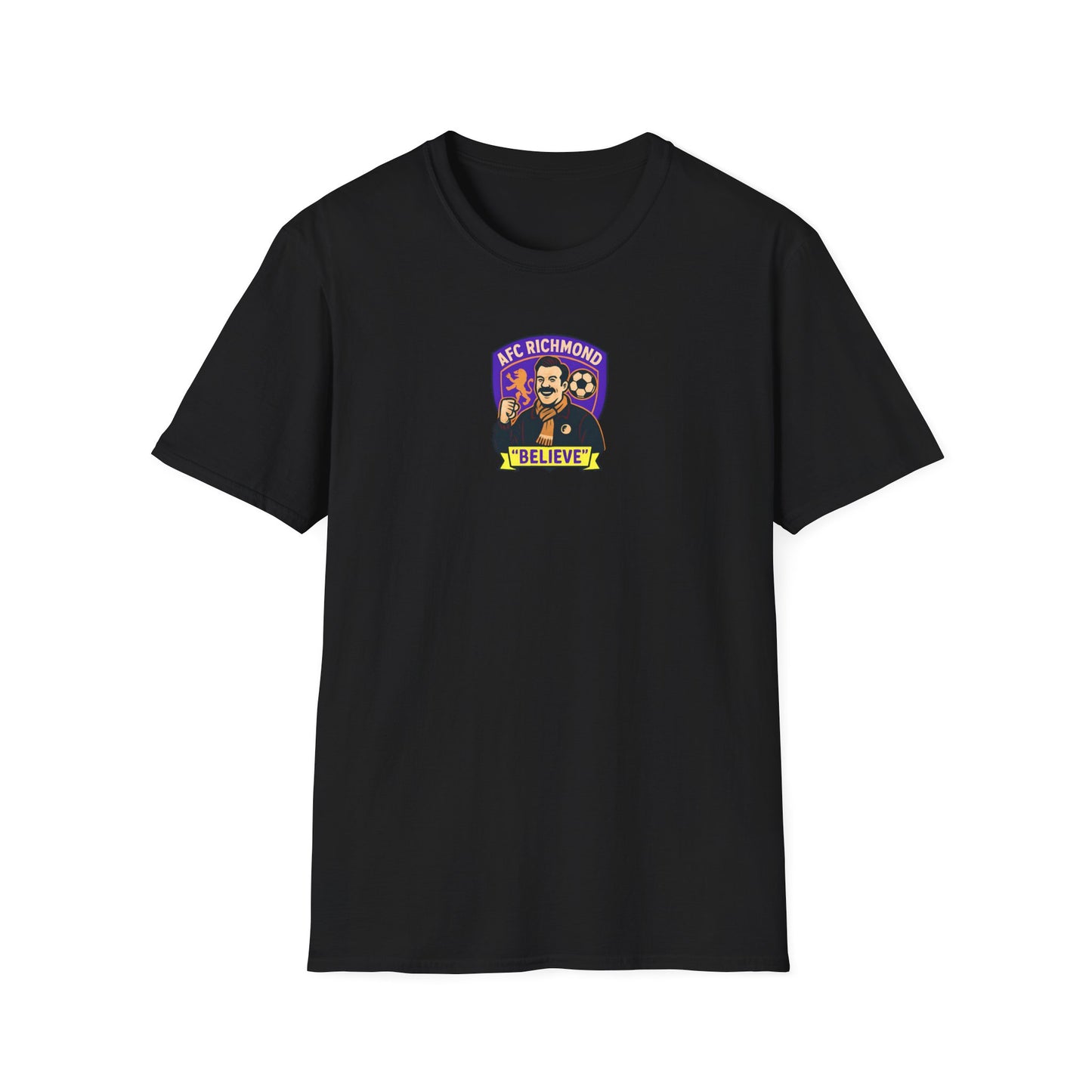 Black t-shirt with colourful graphic, AFC Richmond believe on a white background 