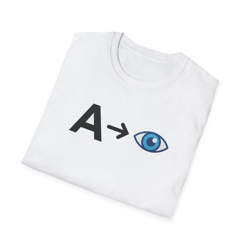 White t-shirt with black letter 'A' and blue eye design on a white background