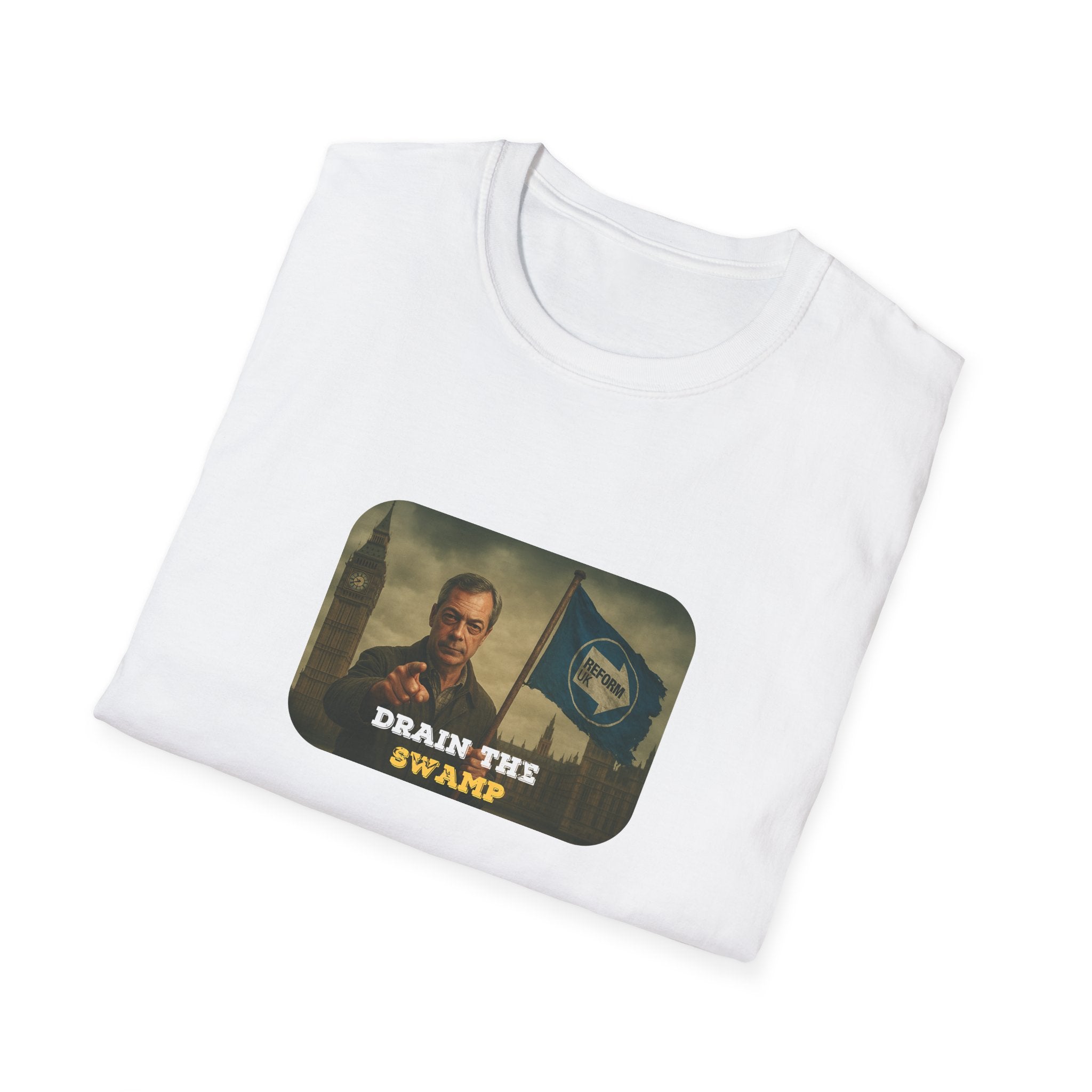  Fat Boris design – Drain the Swamp, a dystopian political protest print folded white T-shirt outside the houses of parliament