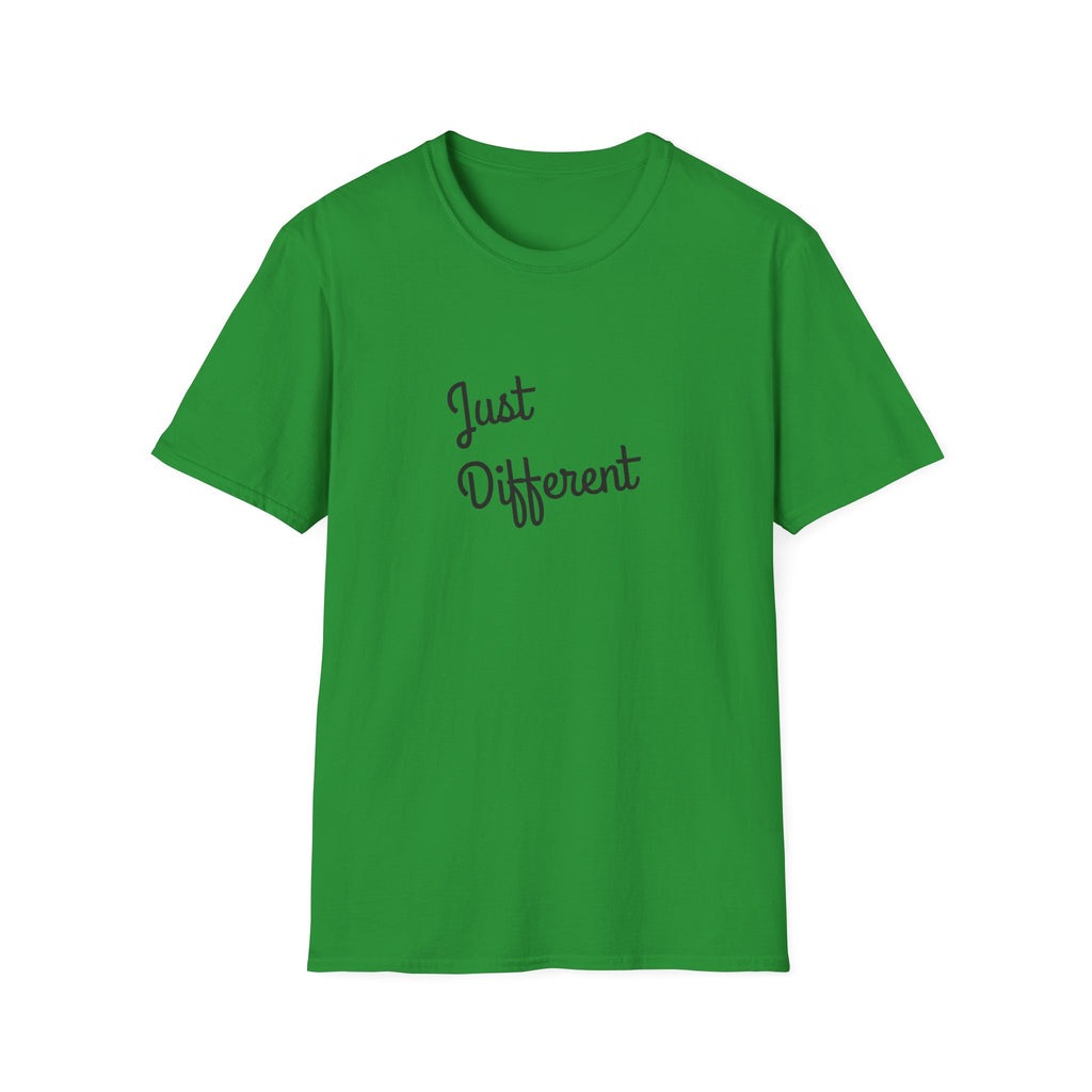 Green t-shirt with 'Just Different' text on a white background
