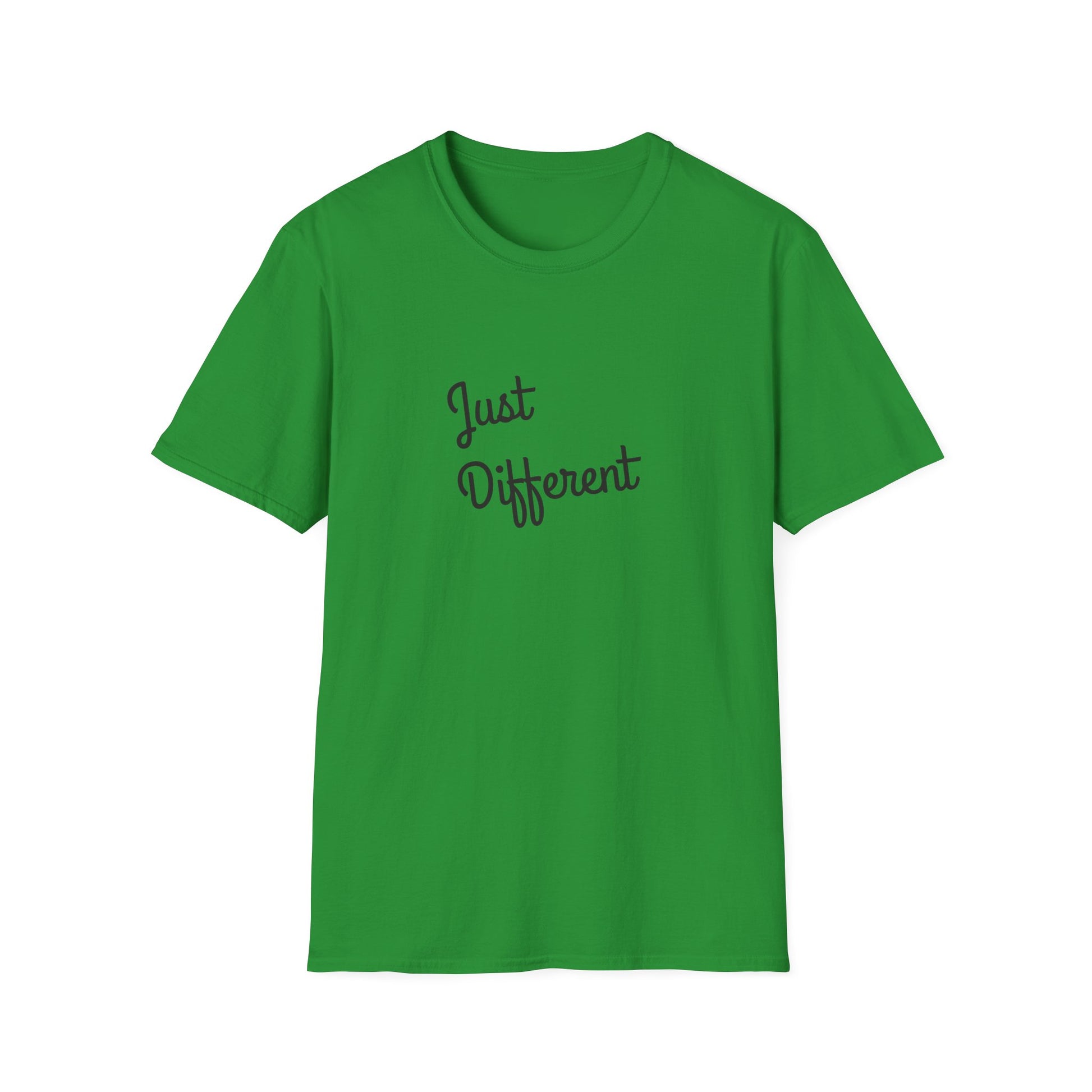 Green t-shirt with 'Just Different' text on a white background