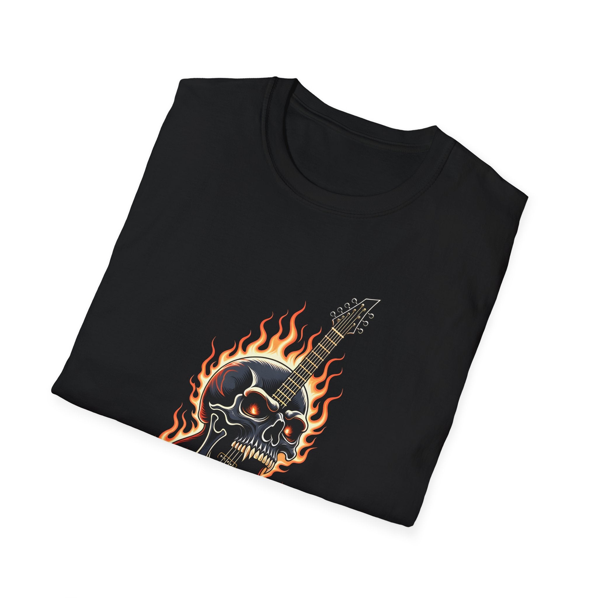 Black t-shirt with a guitar and  flaming skull design on a white background